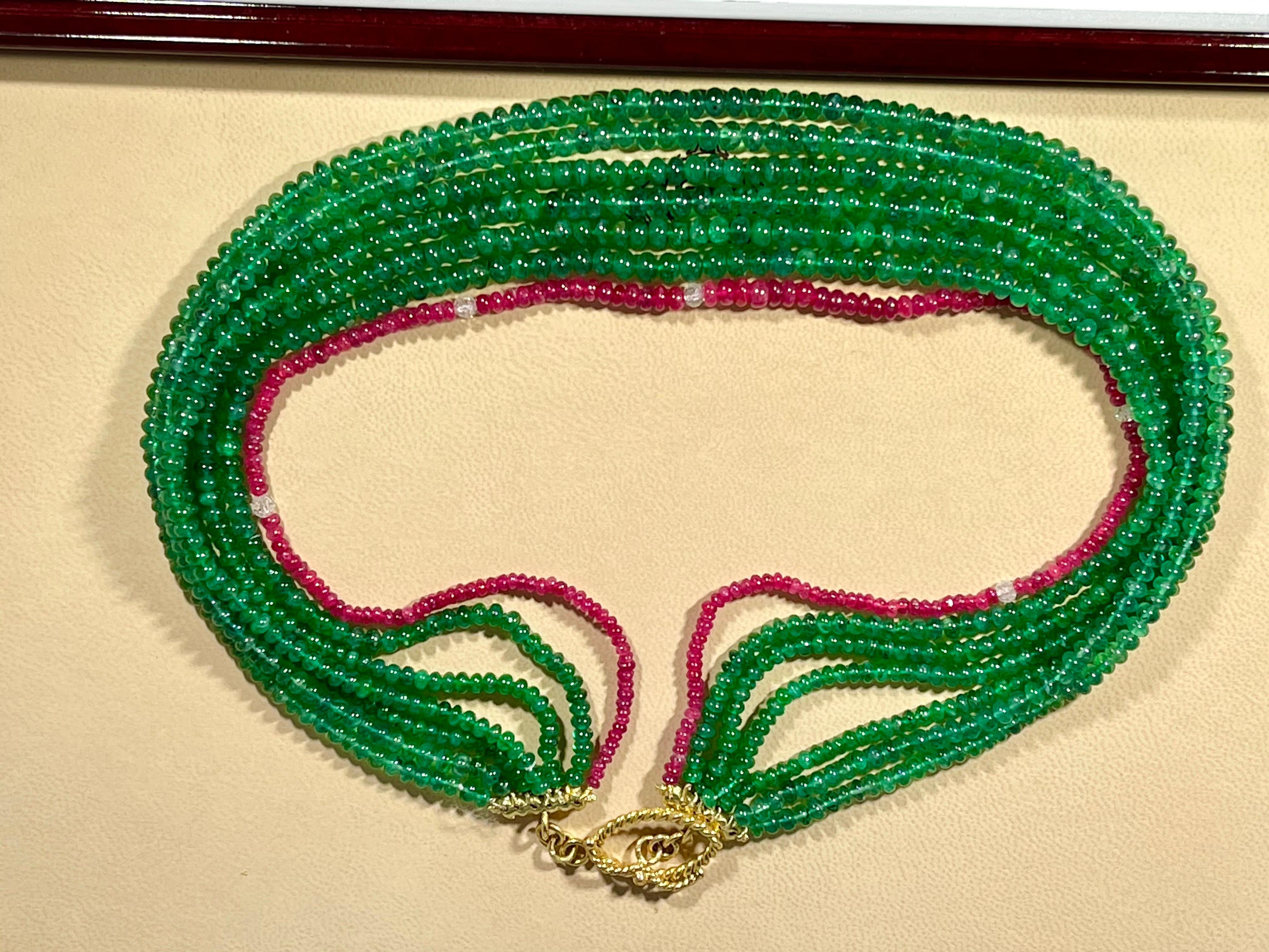 360 Carat Emerald, Burma Ruby and Diamond Beads Necklace 18 Karat Yellow Gold For Sale 9