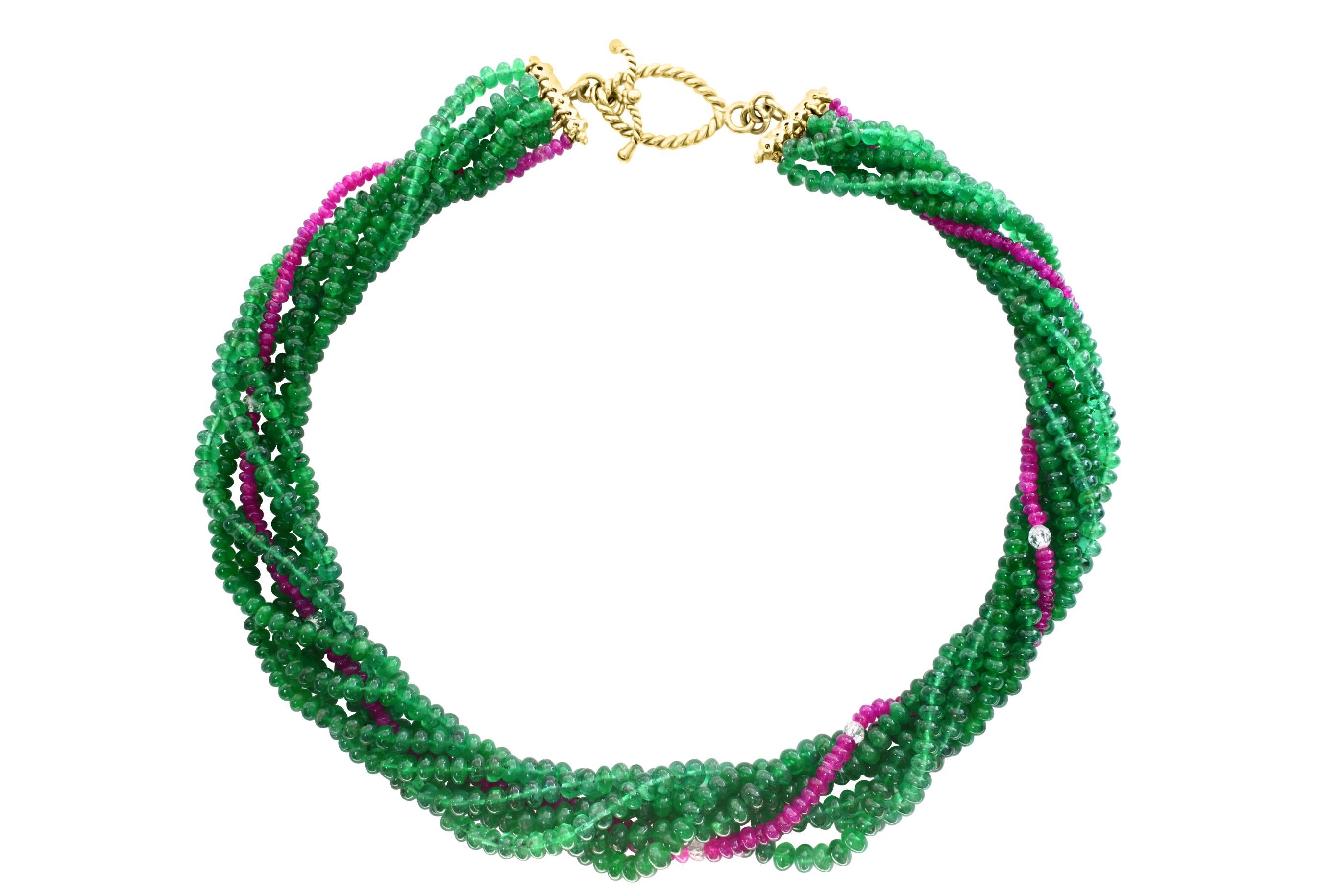 360 Carat  Emerald , Ruby & Diamond Beads Necklace 18 Karat Yellow Gold 16 Inch
This spectacular Necklace   consisting of approximately 360 Ct  of fine beads.
 There are  6 rows of fine Emerald Beads  and one row of fine Burma  ruby beads with 5