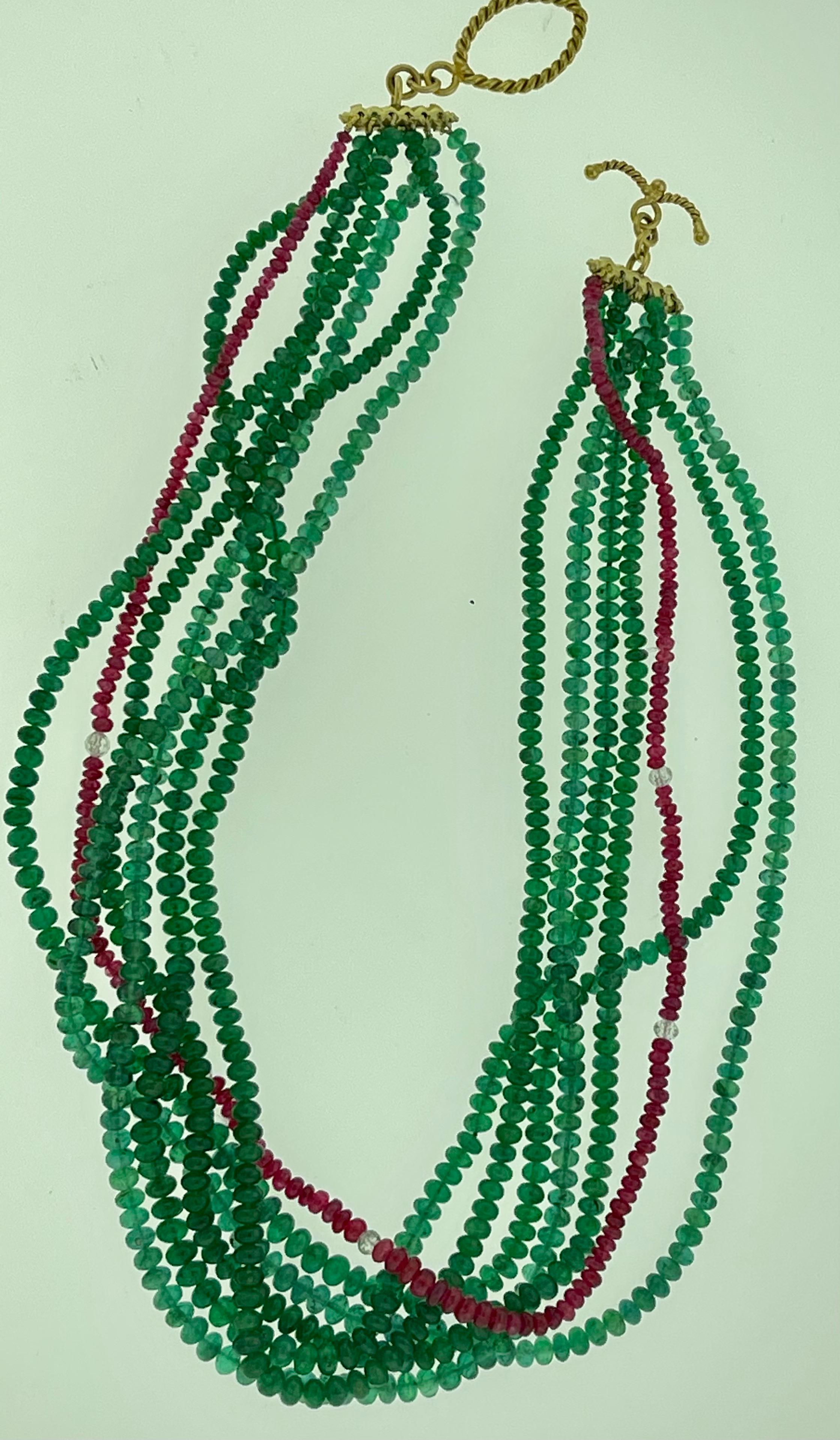 Women's 360 Carat Emerald, Burma Ruby and Diamond Beads Necklace 18 Karat Yellow Gold For Sale