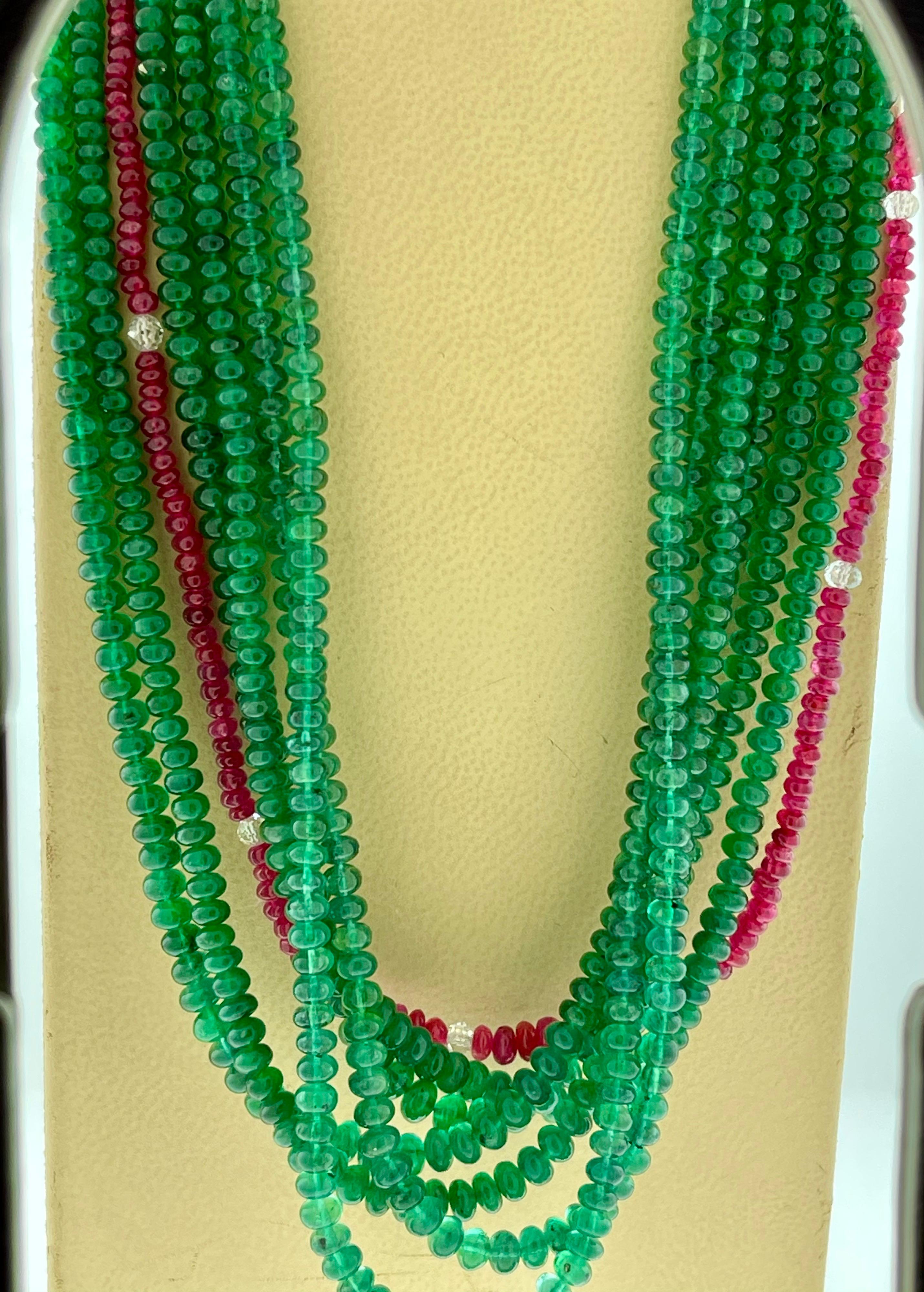 360 Carat Emerald, Burma Ruby and Diamond Beads Necklace 18 Karat Yellow Gold For Sale 3