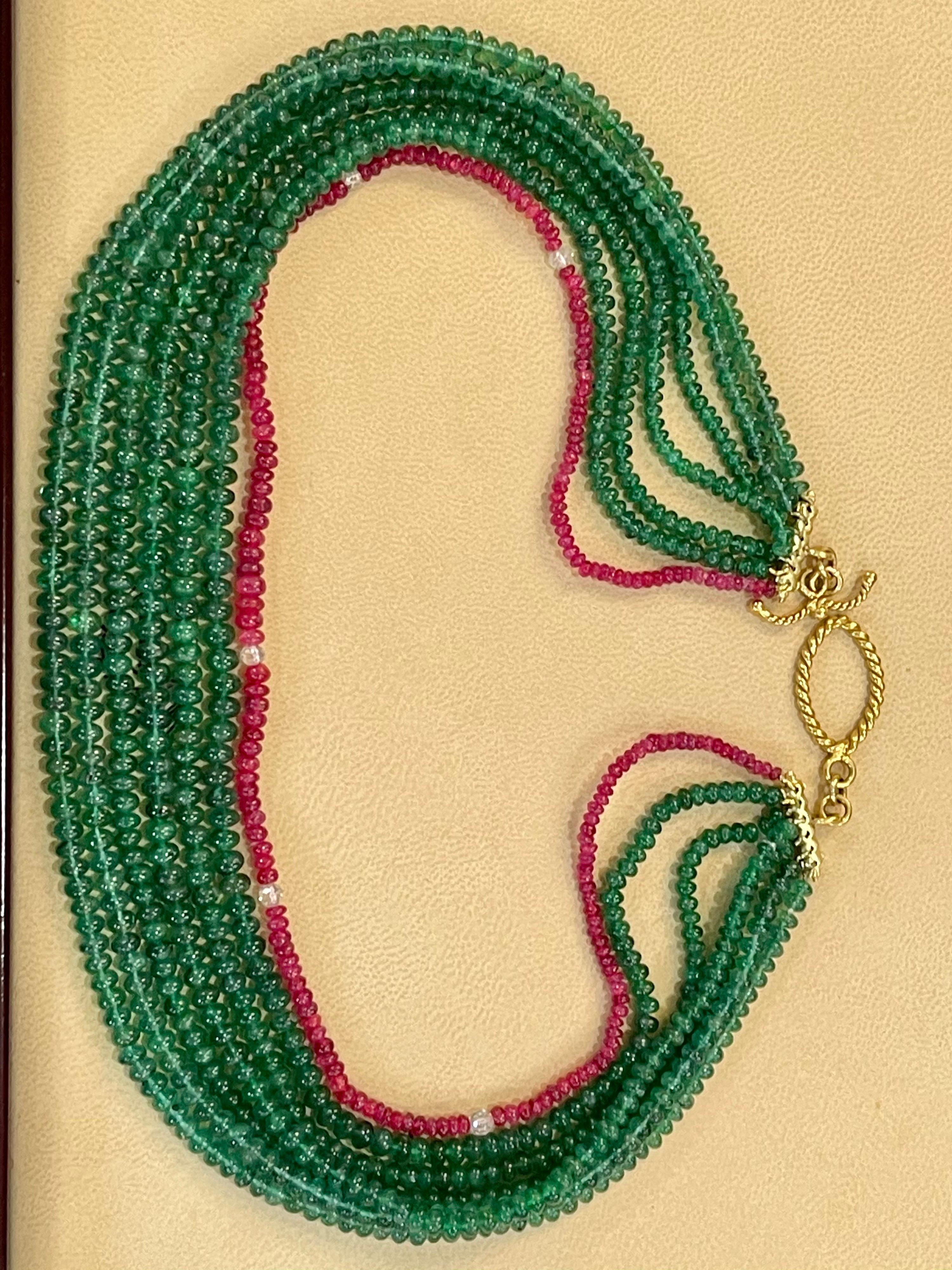 360 Carat Emerald, Burma Ruby and Diamond Beads Necklace 18 Karat Yellow Gold For Sale 3