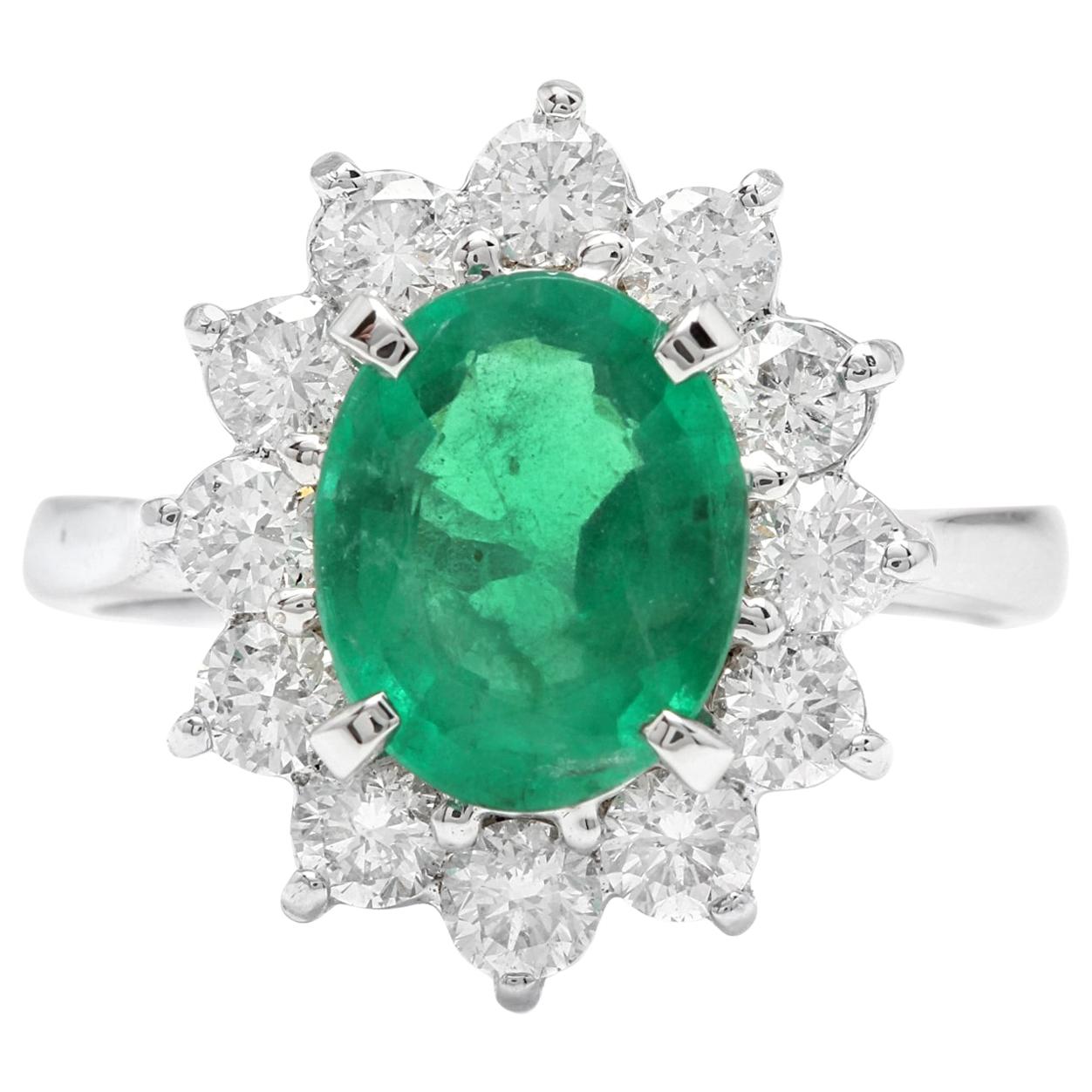 3.60 Carat Exquisite Emerald and Diamond 14 Karat Solid White Gold Ring For Sale