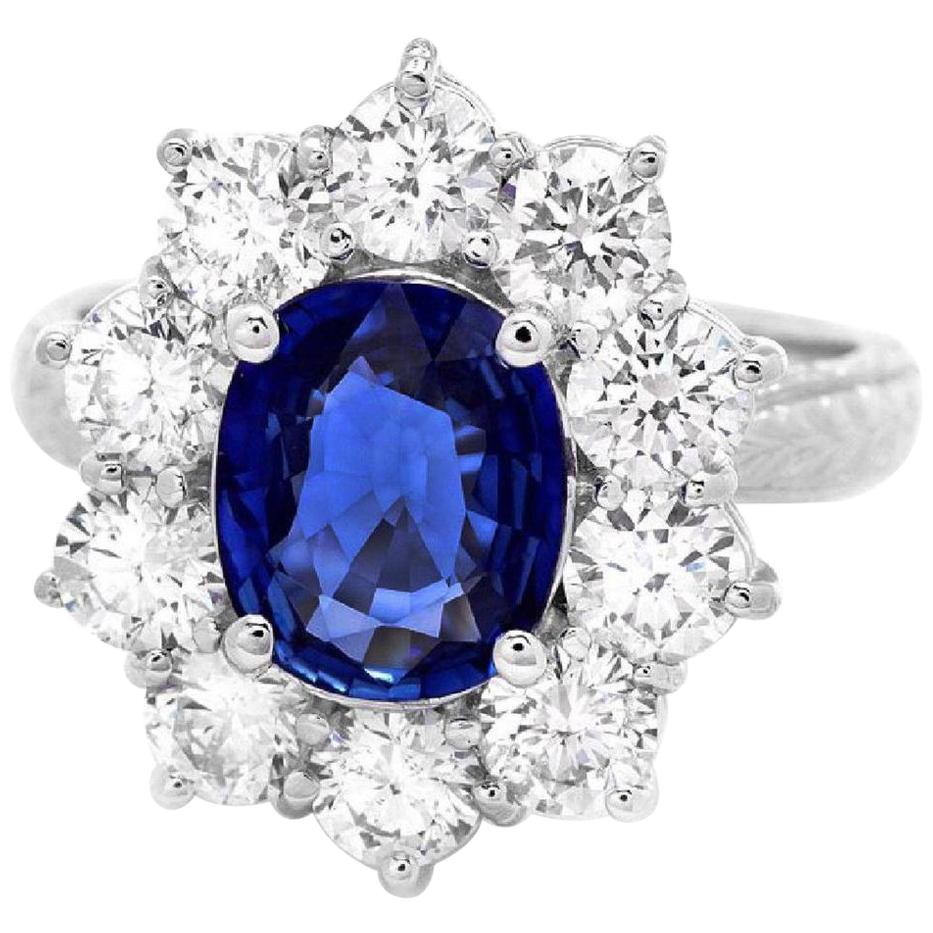 3.60 Carat Exquisite Natural Blue Sapphire and Diamond 14 Karat Solid White Gold For Sale
