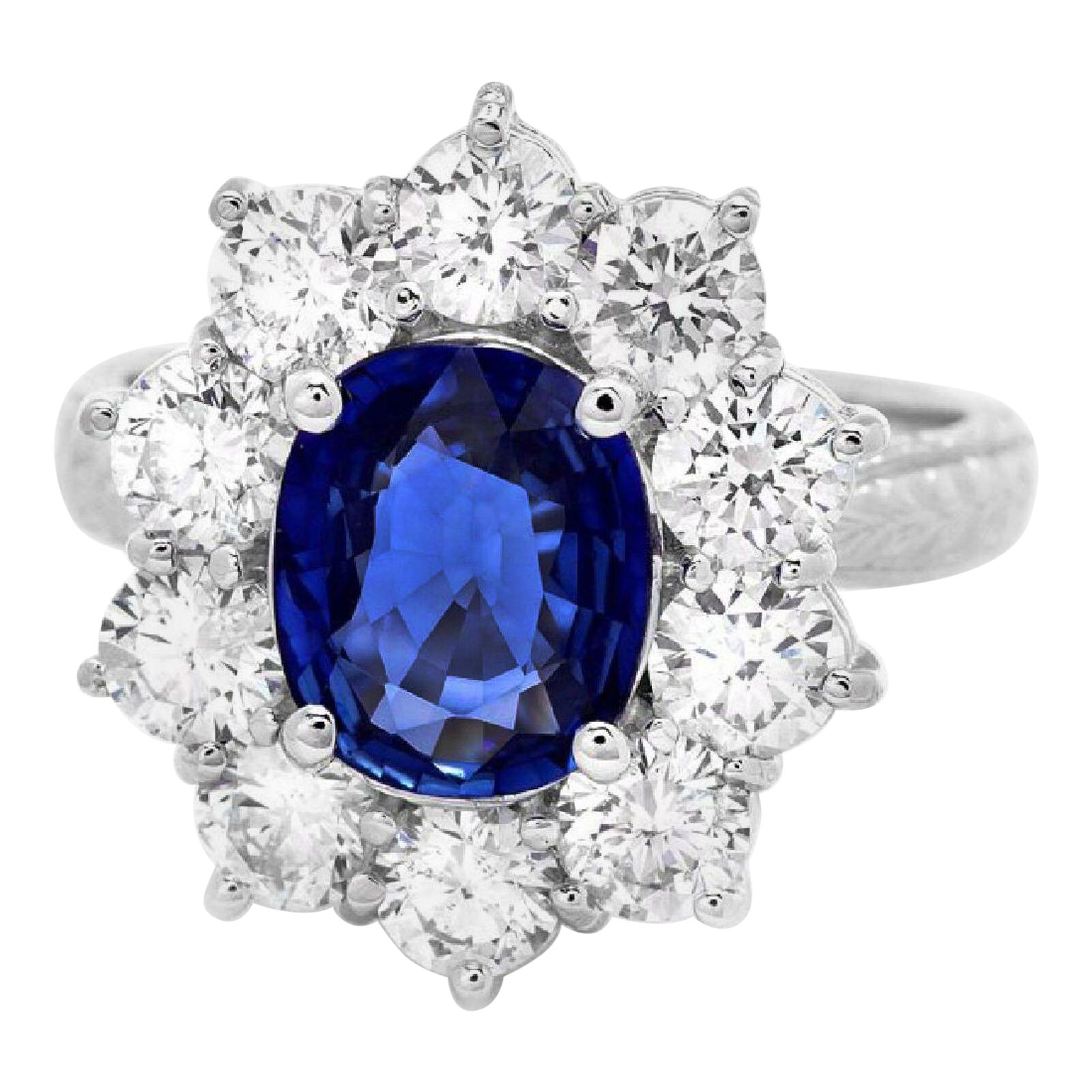 3.60 Carat Exquisite Natural Blue Sapphire and Diamond 18K Solid White Gold  For Sale