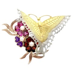 3.60 Carat Garnet 0.60 Carat Amethyst Cultured Pearl 9k Gold Butterfly Brooch