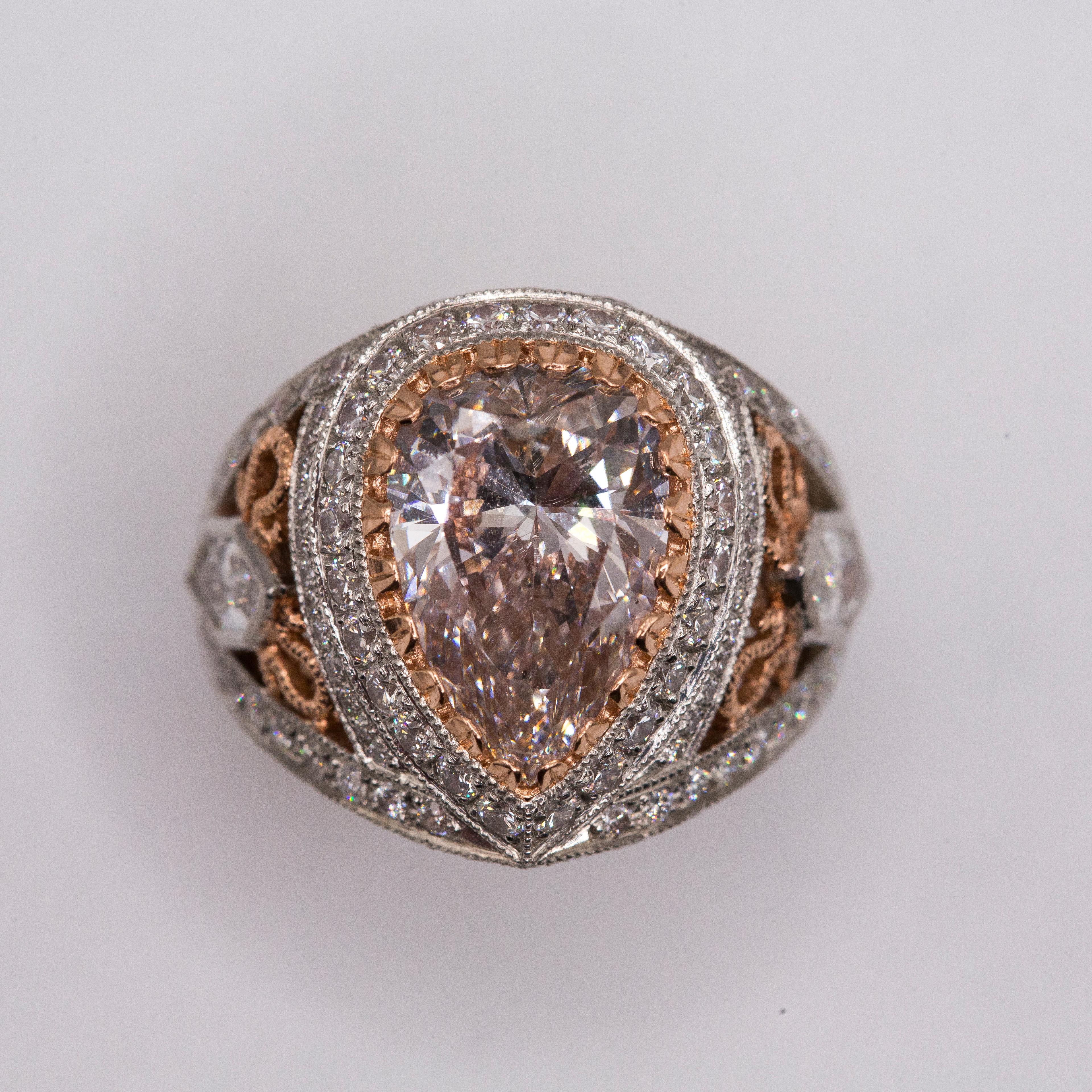 A Masterpiece by renowned jewelry designer Anthony Gerard DiMaggio. A superbly cut 3.60 carat light pink diamond with a very faint brownish tint, certified natural by Gemological Institute of America (GIA New York Report attached) adorns the ring