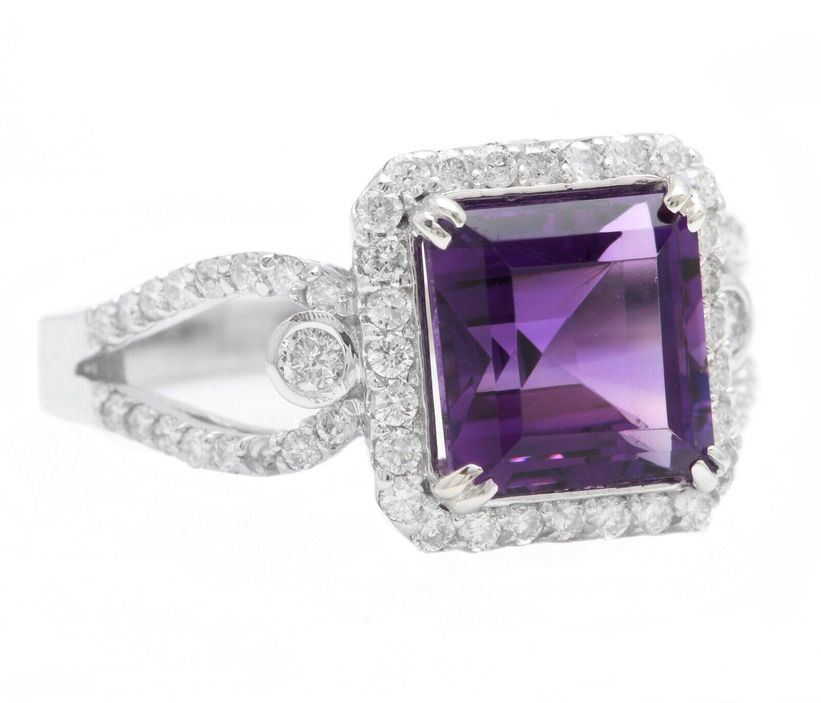 3.60 Carats Natural Amethyst and Diamond 14K Solid White Gold Ring

Suggested Replacement Value $4,500.00

Total Natural Square Cut Amethyst Weights: Approx. 3.00 Carats 

Amethyst Measures: Approx. 8.00 x 8.00 mm

Natural Round Diamonds Weight: