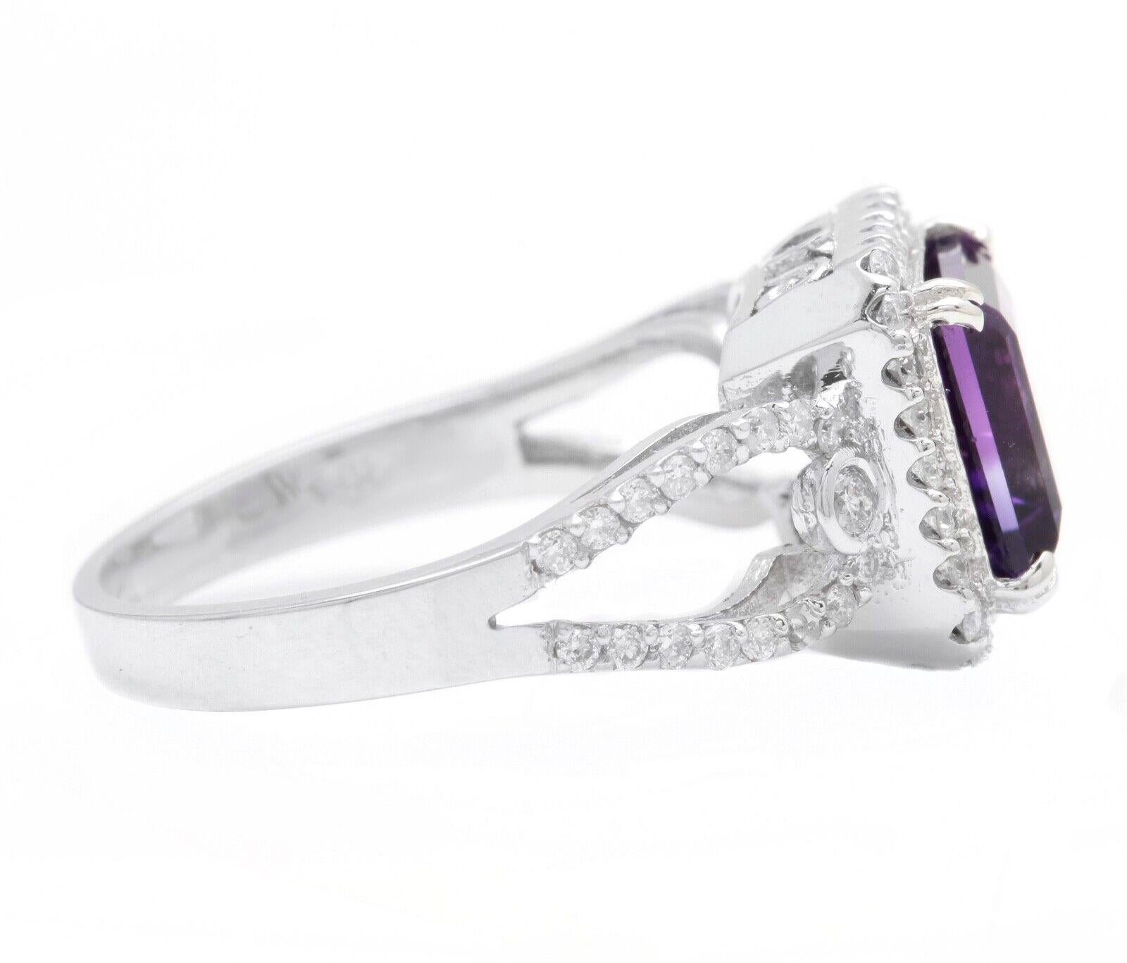 Mixed Cut 3.60 Carat Natural Amethyst and Diamond 14 Karat Solid White Gold Ring For Sale