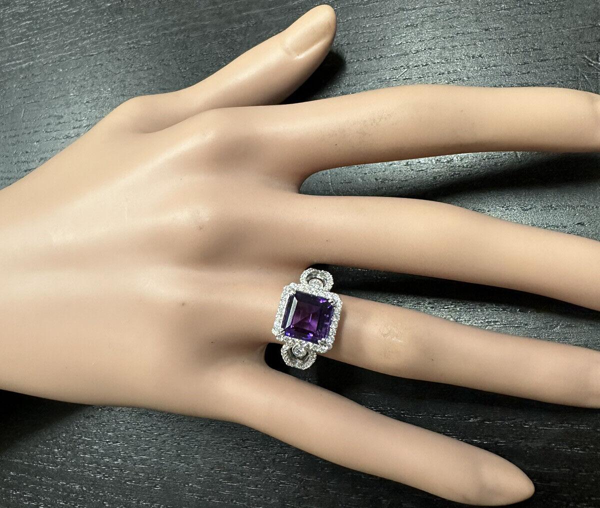 Women's 3.60 Carat Natural Amethyst and Diamond 14 Karat Solid White Gold Ring For Sale