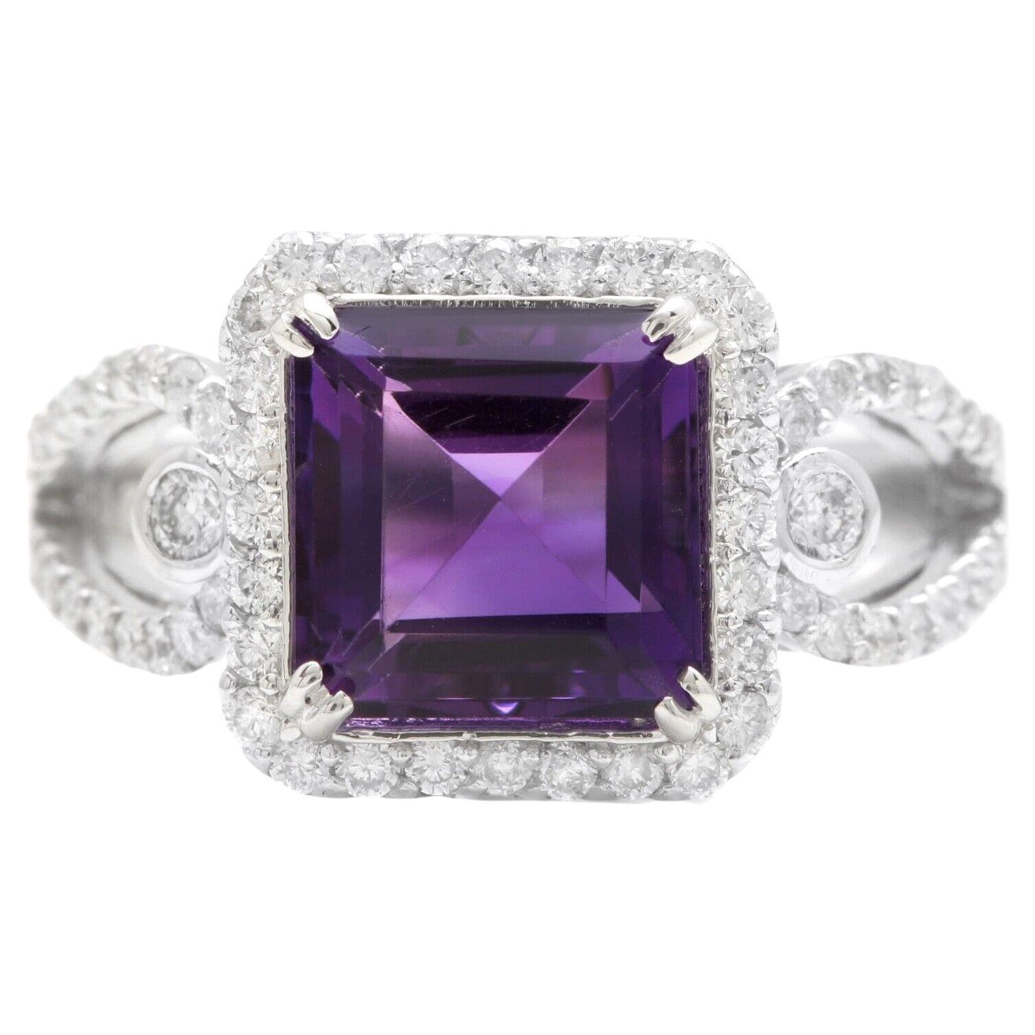3.60 Carat Natural Amethyst and Diamond 14 Karat Solid White Gold Ring For Sale