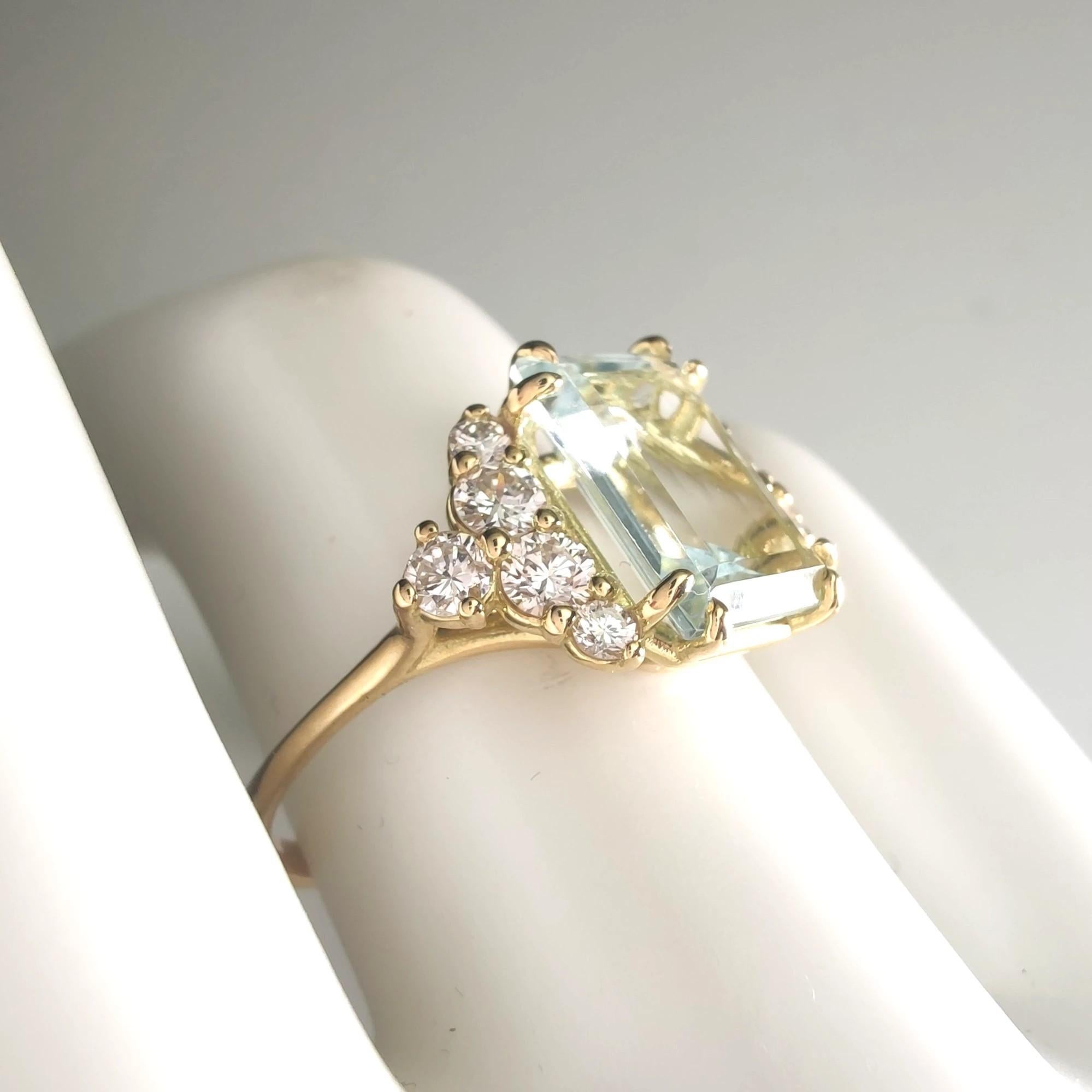 Emerald Cut 3.60 Carat Natural Aquamarine  0.45 Carat  Diamond Ring  18K Yellow solid Gold For Sale