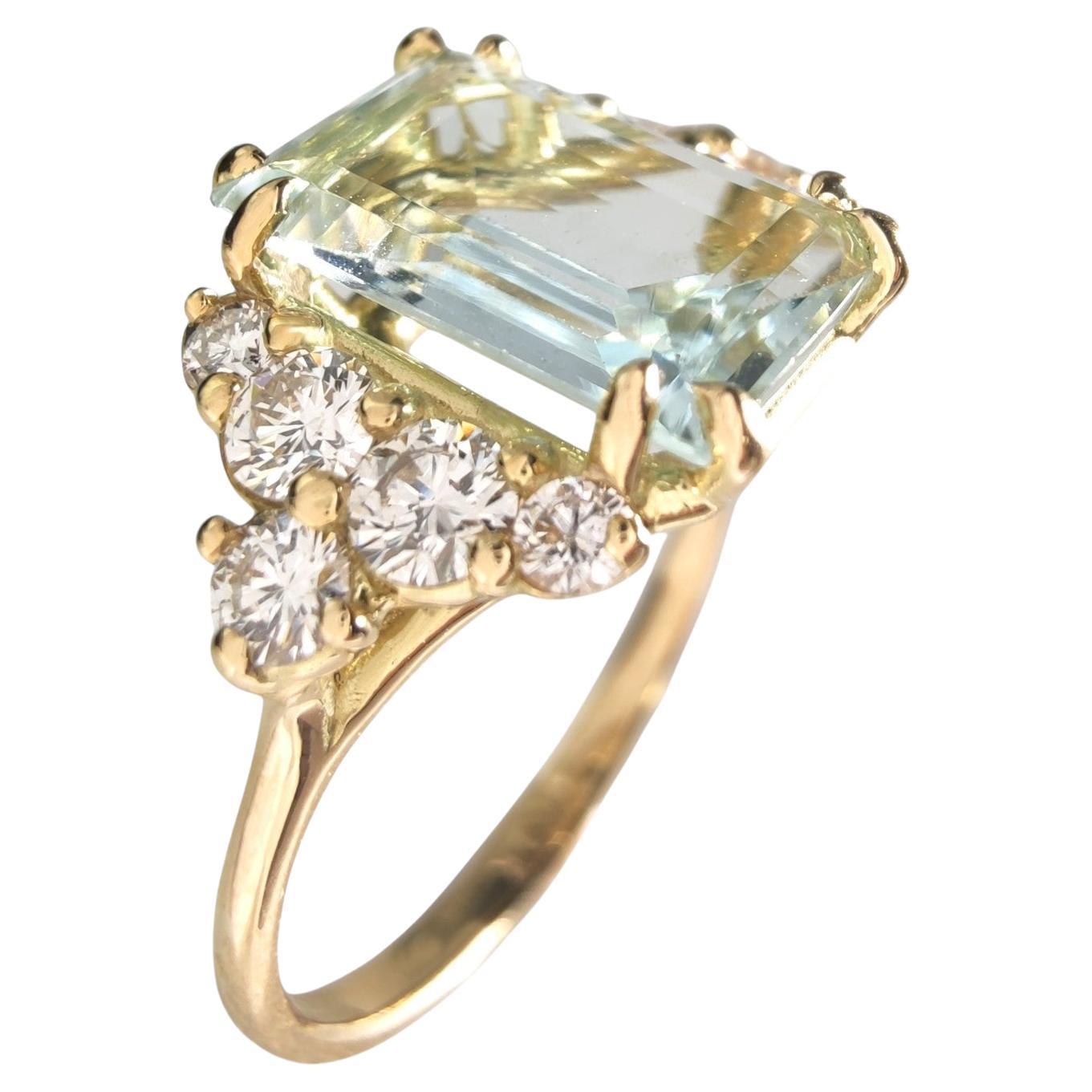 3.60 Carat Natural Aquamarine  0.45 Carat  Diamond Ring  18K Yellow solid Gold