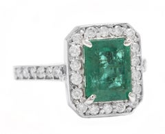 3.60 Carat Natural Emerald & Diamond 14k Solid White Gold Ring