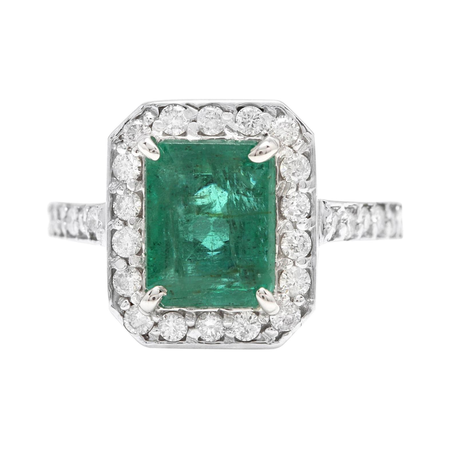 3.60 Carat Natural Emerald & Diamond 14k Solid White Gold Ring For Sale