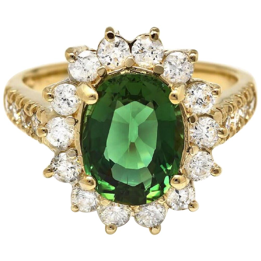 3.60 Carat Natural Looking Green Tourmaline & Diamond 14K Solid Yellow Gold Ring For Sale
