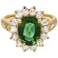 3,60 Karat natürlich aussehender grüner Turmalin & Diamant 14K massiver Gelbgold Ring