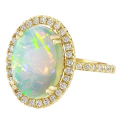 3.60 Carat Natural Opal 14 Karat Solid Yellow Gold Diamond Ring
