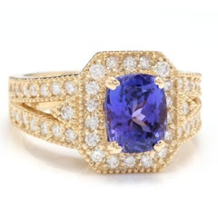Bague en or jaune massif 14 carats avec tanzanite naturelle de 3,60 carats et diamants
