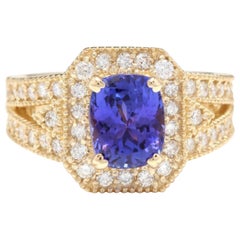 3,60 Karat natürlicher Tansanit und Diamant 14 Karat massiver Gelbgold Ring