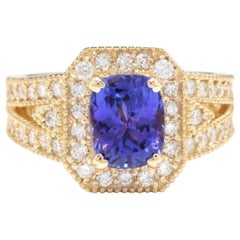 3.60 Carat Natural Tanzanite and Diamond 14 Karat Solid Yellow Gold Ring