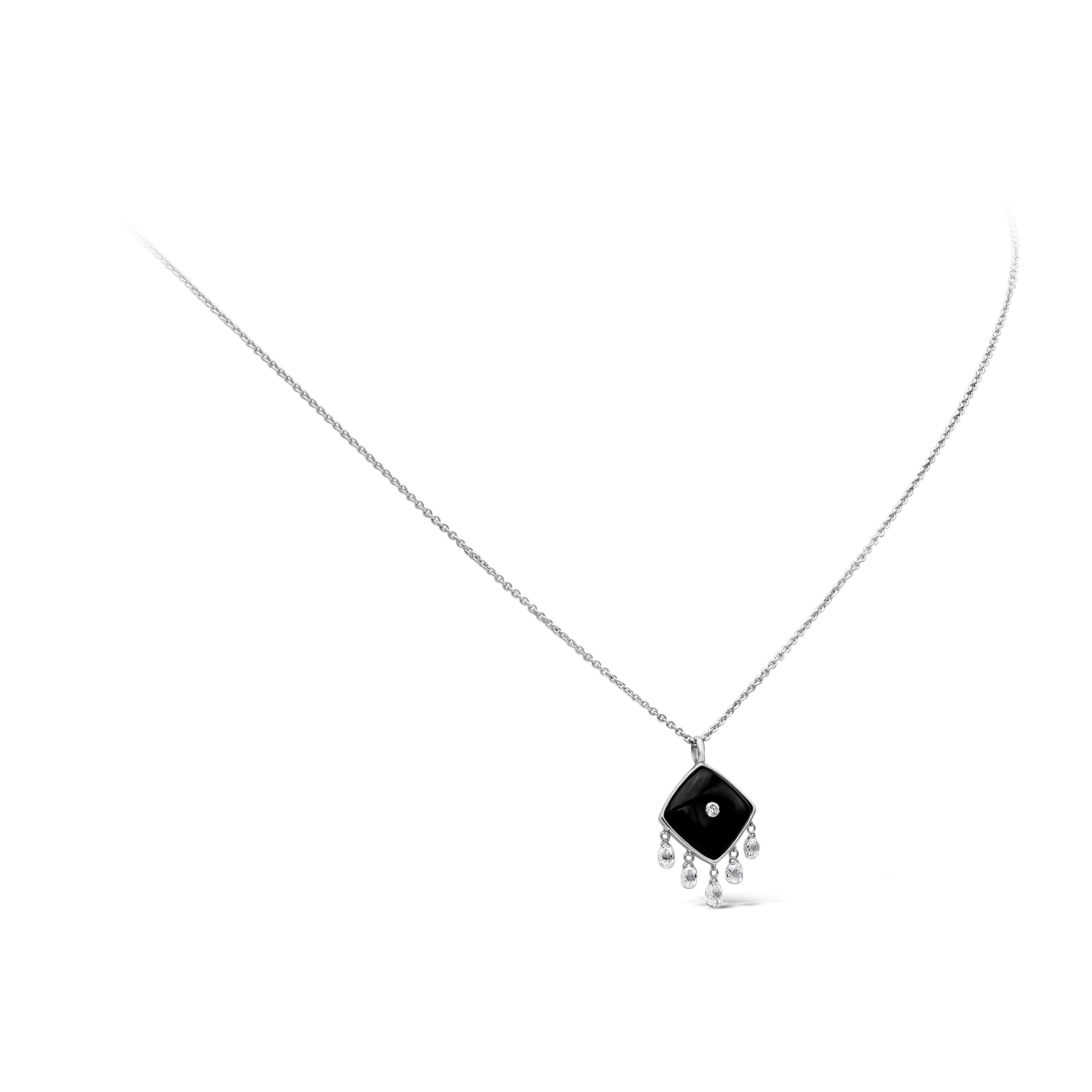 A stylish drop necklace showcasing a cushion cut black onyx that weighs at 3.60 carats total with a brilliant round diamond that is placed on the center. The weight of the round diamond is about 0.02 carats in total. On the bottom hangs five