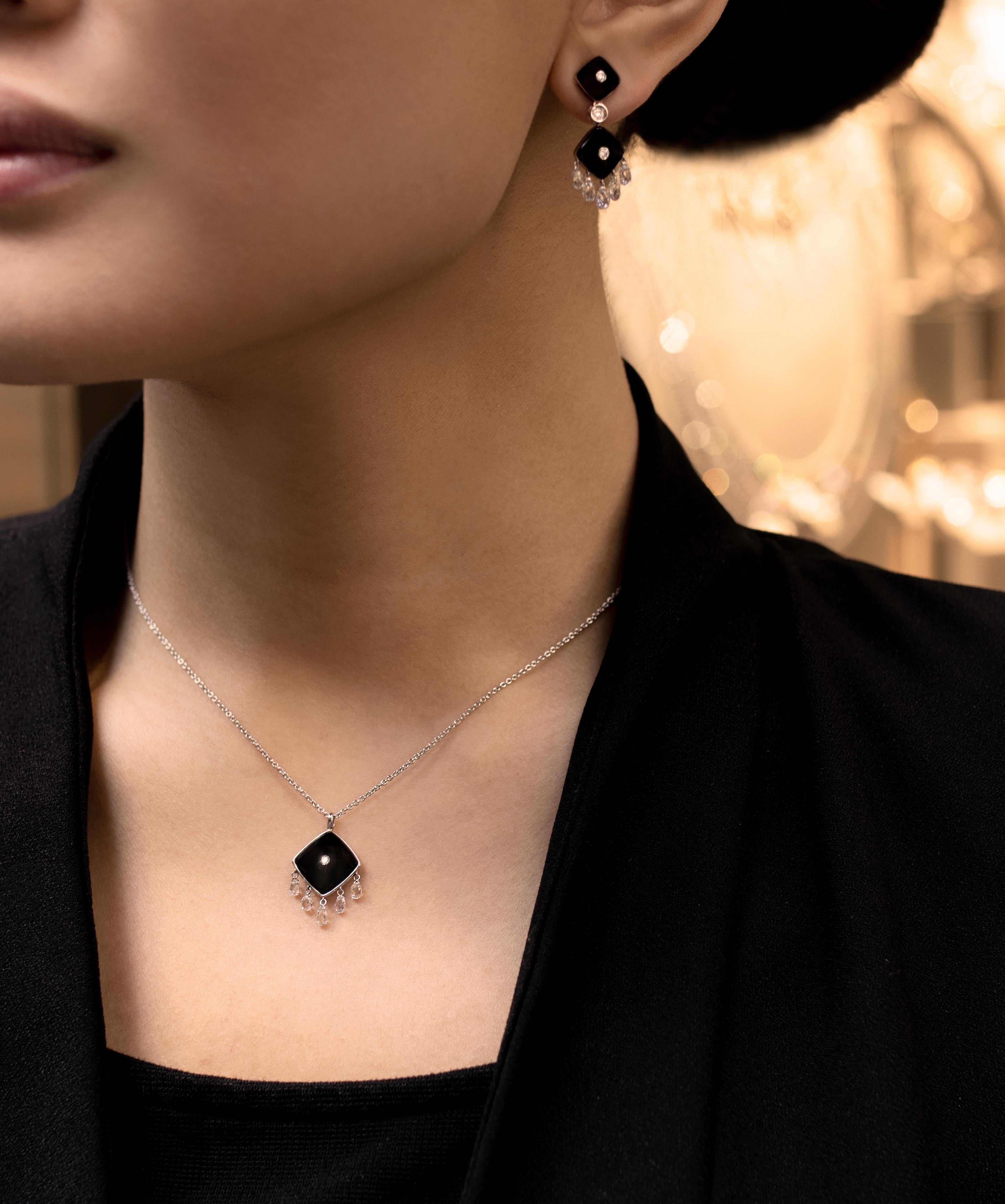 3.60 Carat Onyx and Briolette Cut Diamond Pendant Drop Necklace In New Condition For Sale In New York, NY