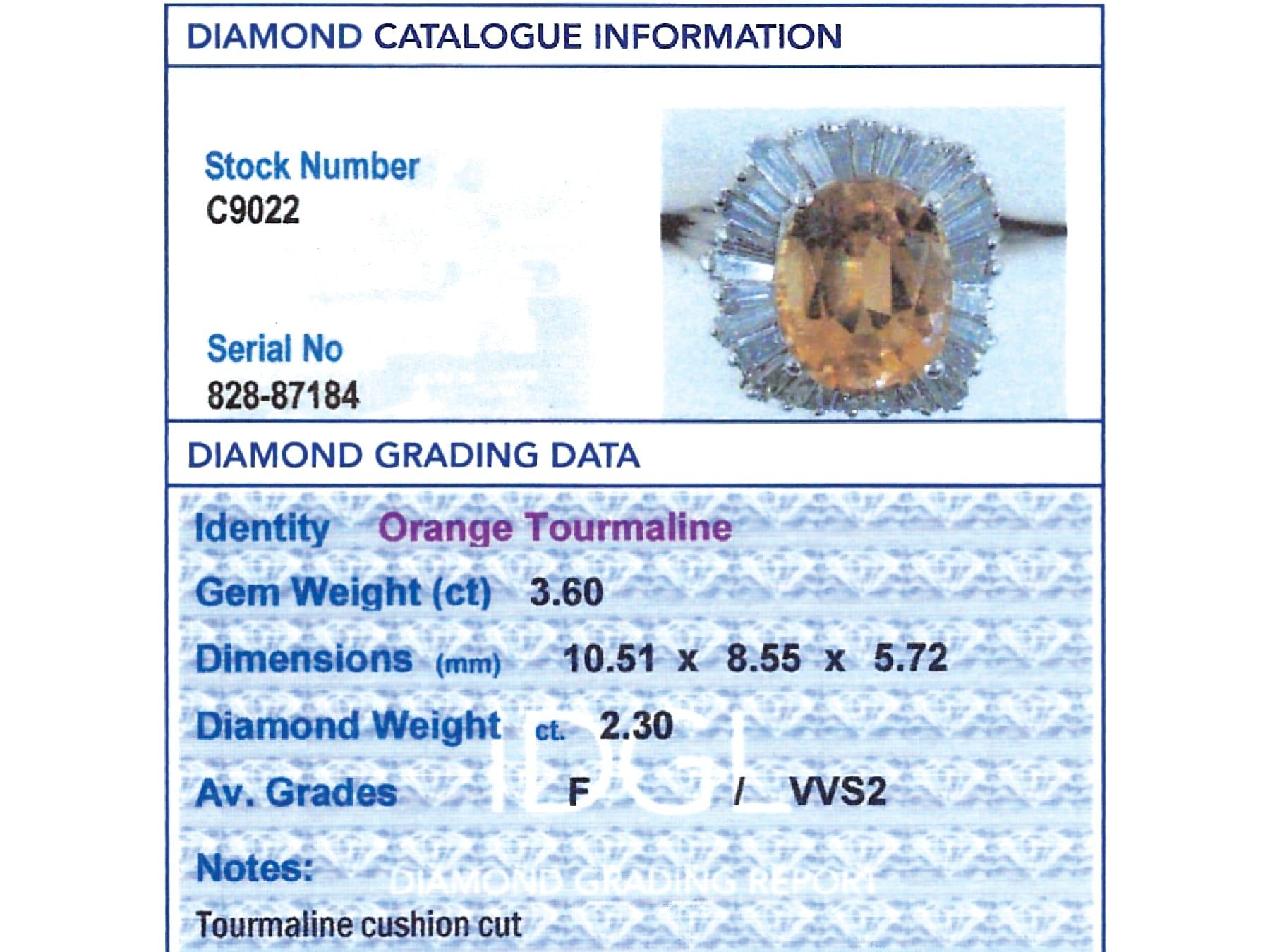 3.60 Carat Orange Tourmaline 2.30 Carat Diamond, 18k White Gold Ballerina Ring For Sale 2