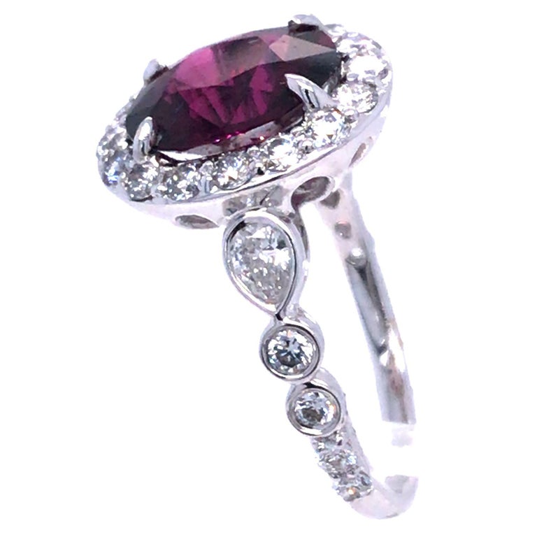 3.60 Carat Oval Cut Raspberry Garnet and Diamond Ring in 18k White Gold For Sale