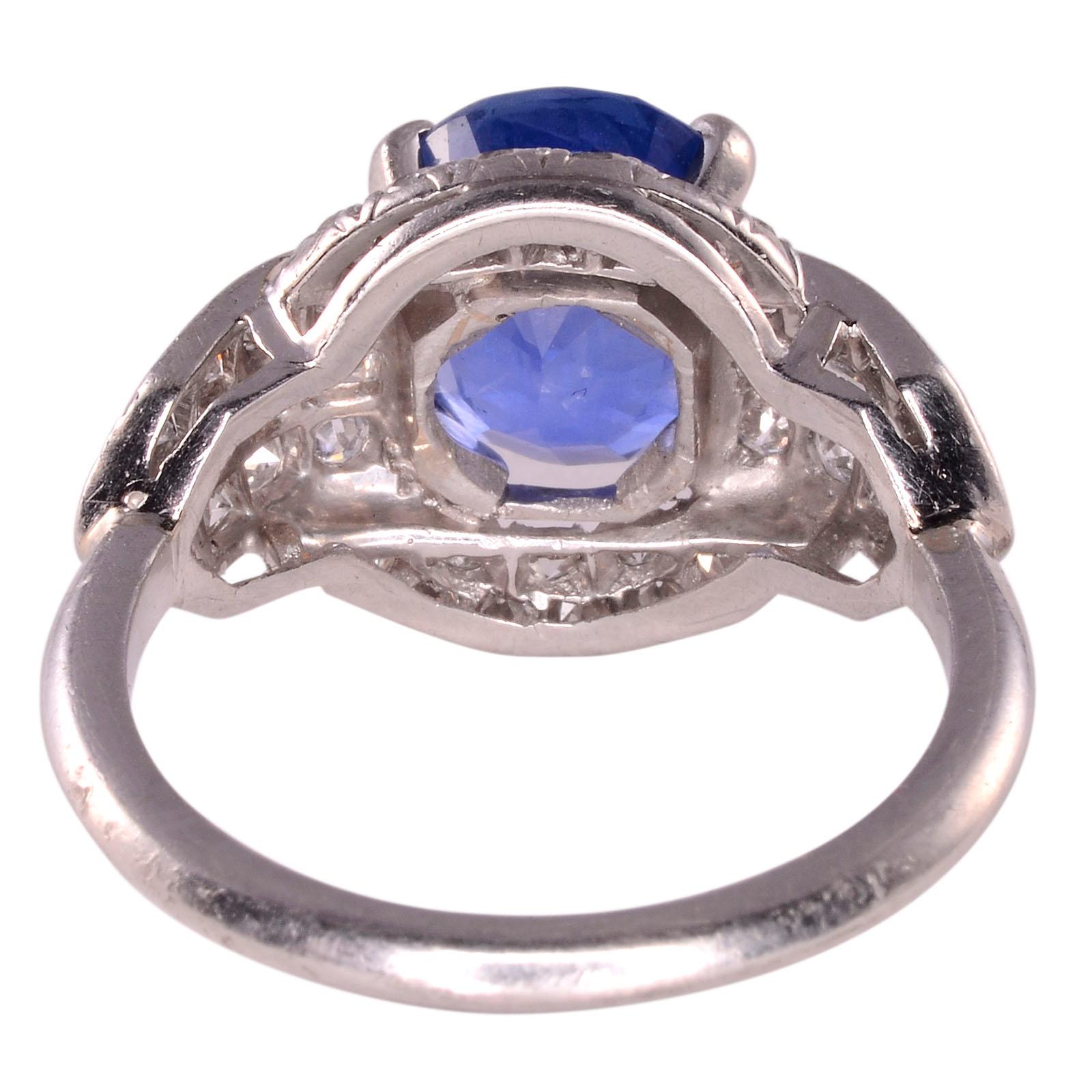 Art Deco 3.60 Carat Oval Sapphire and Diamond Platinum Ring For Sale