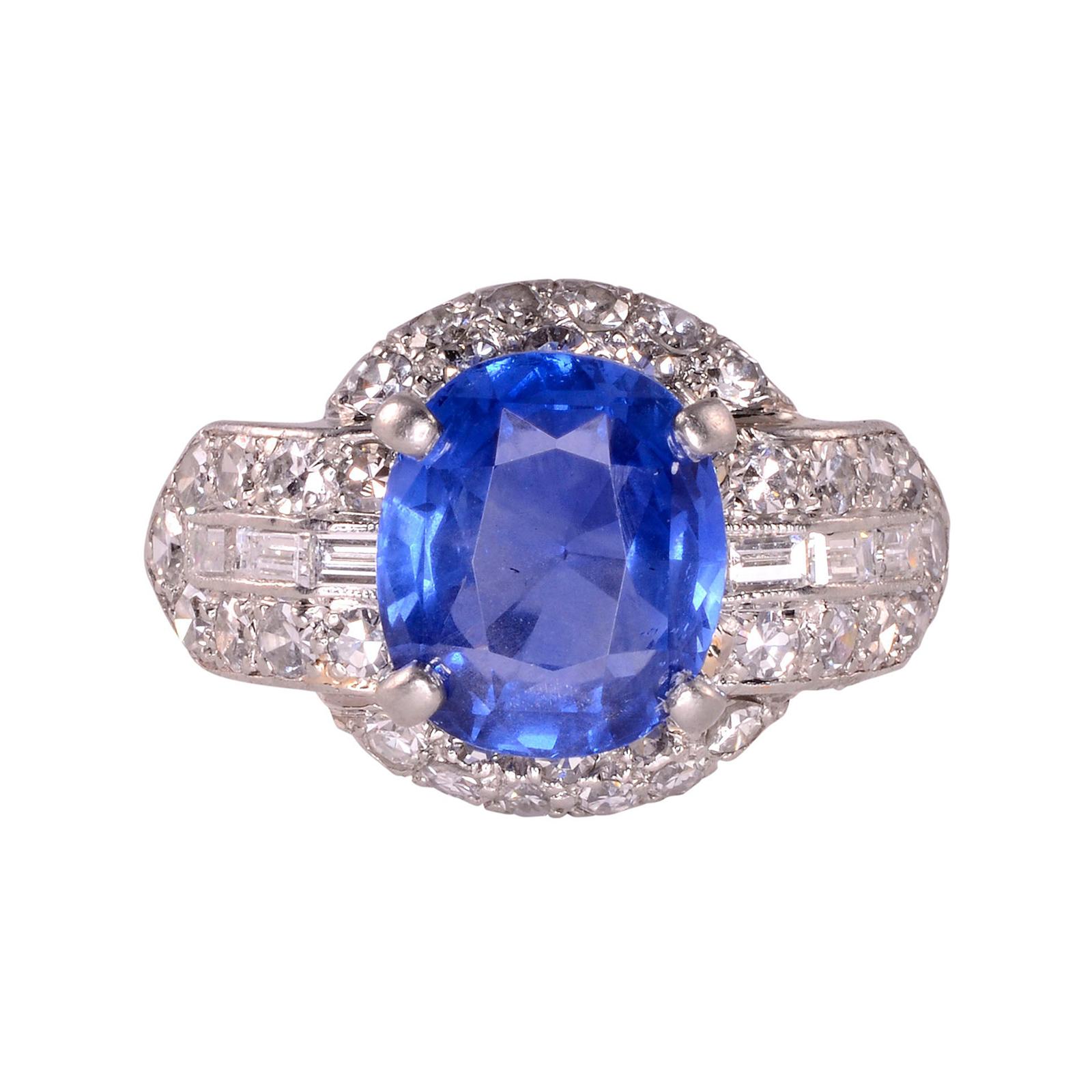 3.60 Carat Oval Sapphire and Diamond Platinum Ring For Sale