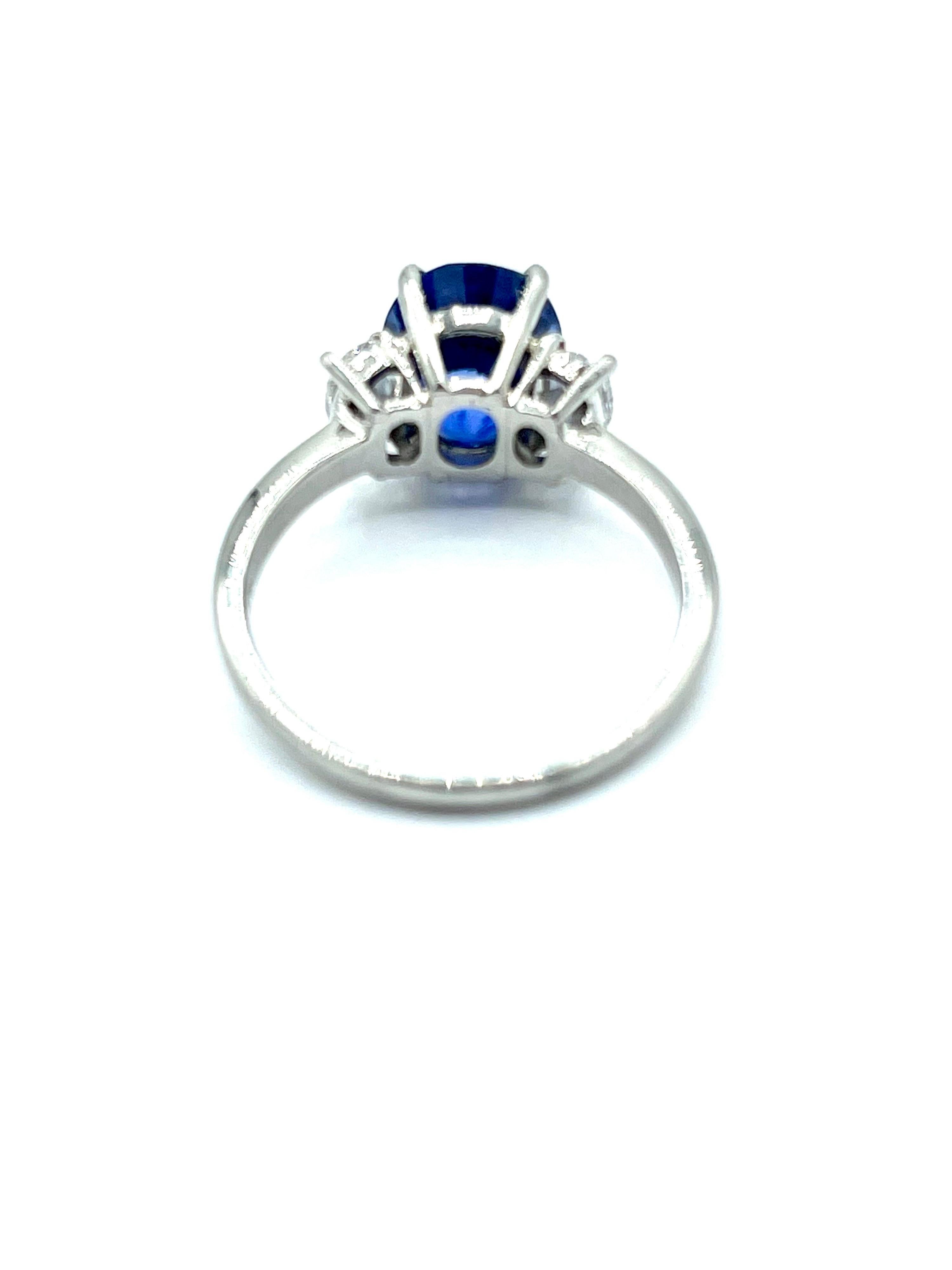 3.60 Carat Oval Sapphire and Oval Diamond Three Stone Platinum Ring 1
