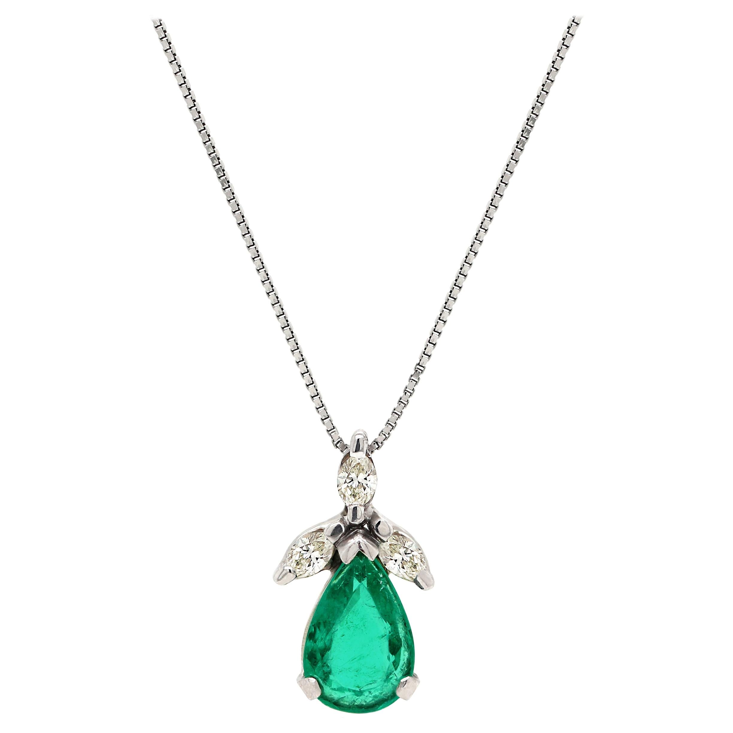 3.60 Carat Pear Shape Emerald and Marquise Diamond 18 Carat White Gold Pendant For Sale