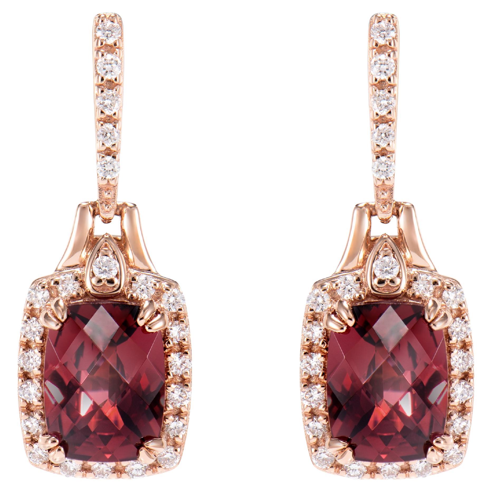 Boucles d'oreilles pendantes en or rose 18 carats et rhodolite de 3,60 carats avec diamants blancs