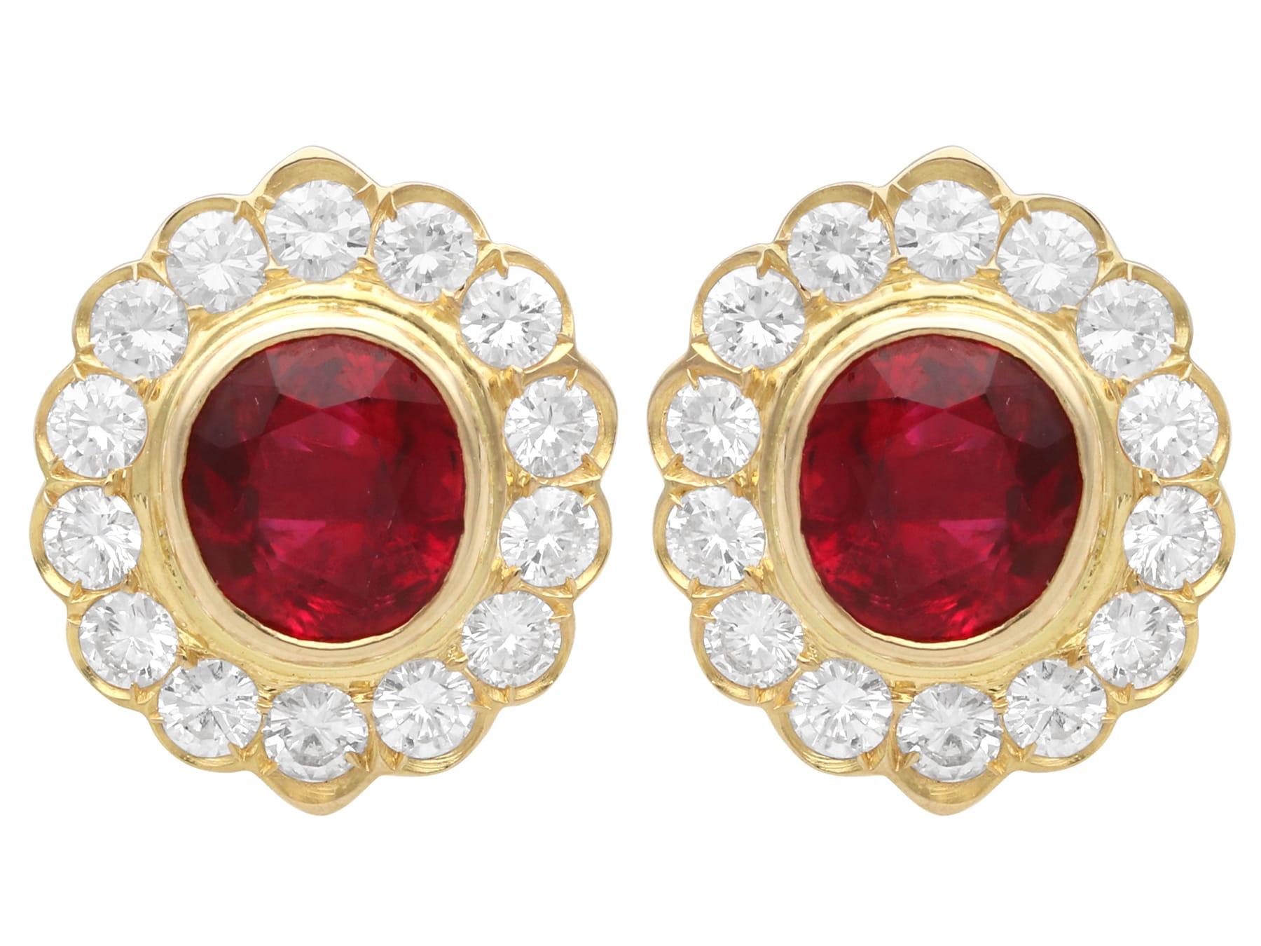 3.60 Carat Ruby 2.00 Carat Diamond 18k Yellow Gold Cluster Earrings Circa 2000