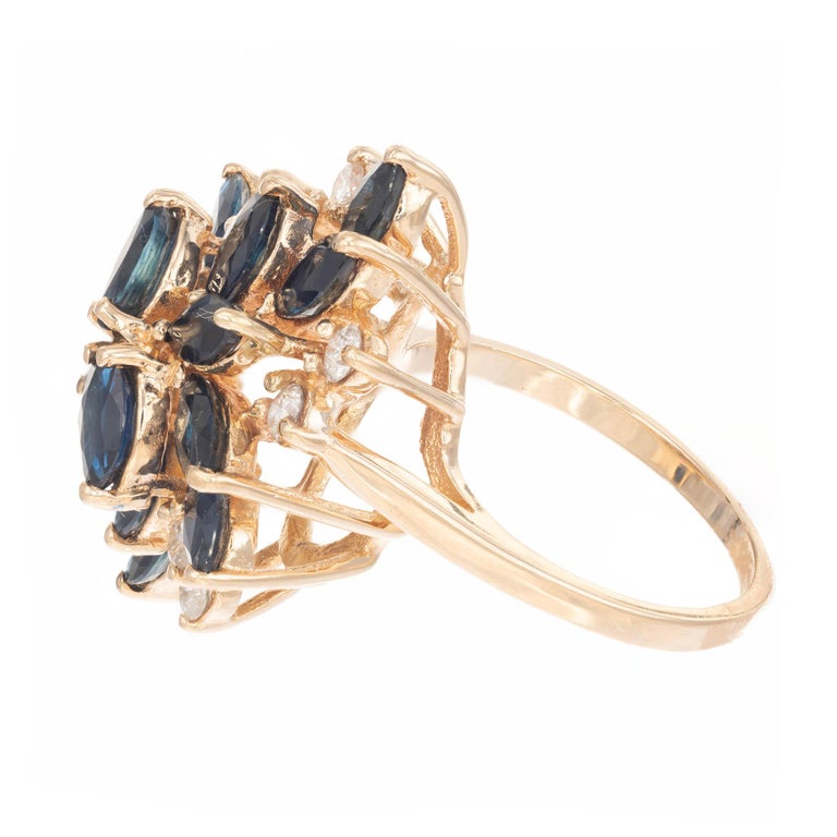 Marquise Cut 3.60 Carat Sapphire Diamond Yellow Gold Cluster Cocktail Ring