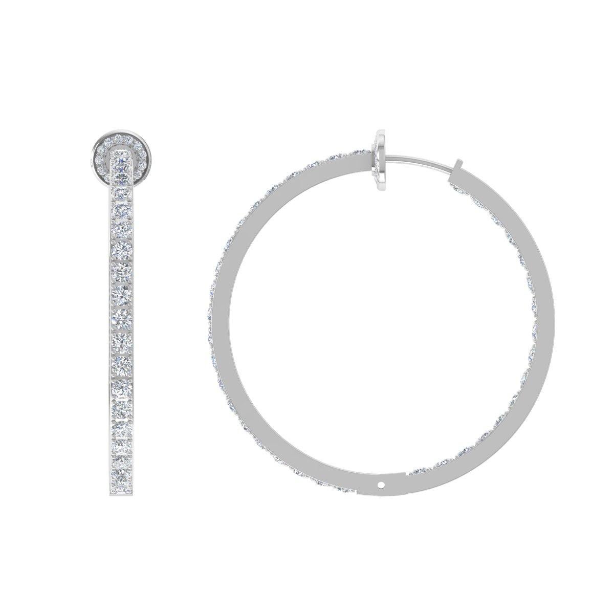 Round Cut 3.60 Carat SI Clarity HI Color Diamond Pave Hoop Earrings 18 Karat White Gold For Sale