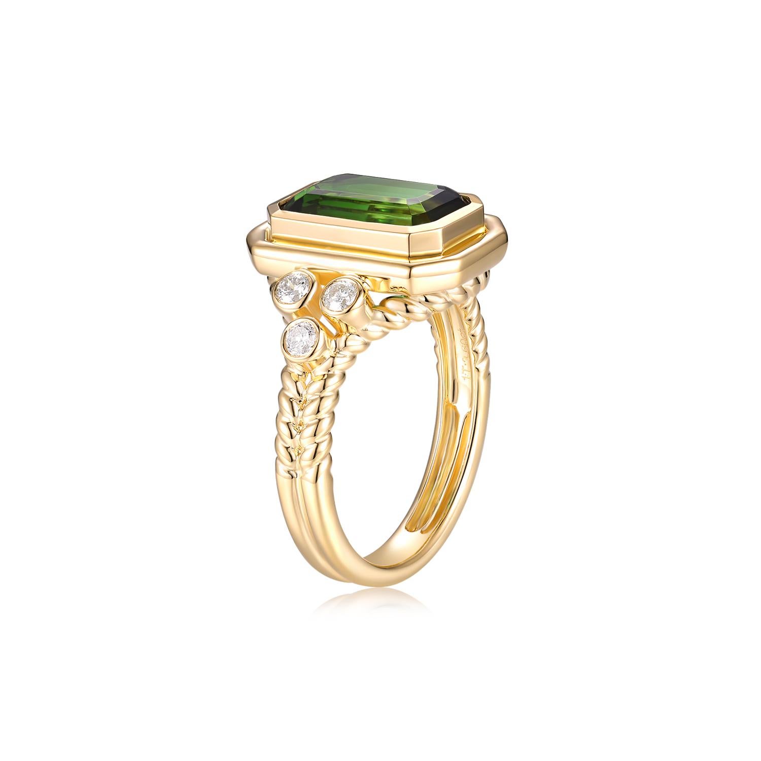 This stunning 18 Karat Yellow Gold Ring is a true embodiment of luxury and sophistication. The ring's centerpiece is a magnificent 3.60-carat vivid green tourmaline, expertly cut to showcase its rich color and brilliant luster. Its deep green hue