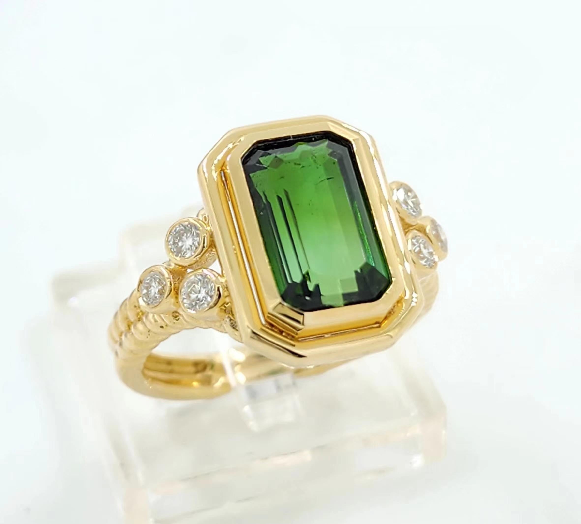 Emerald Cut 3.60 Carat Vivid Green Tourmaline Cocktail Ring in 18K Yellow Gold For Sale