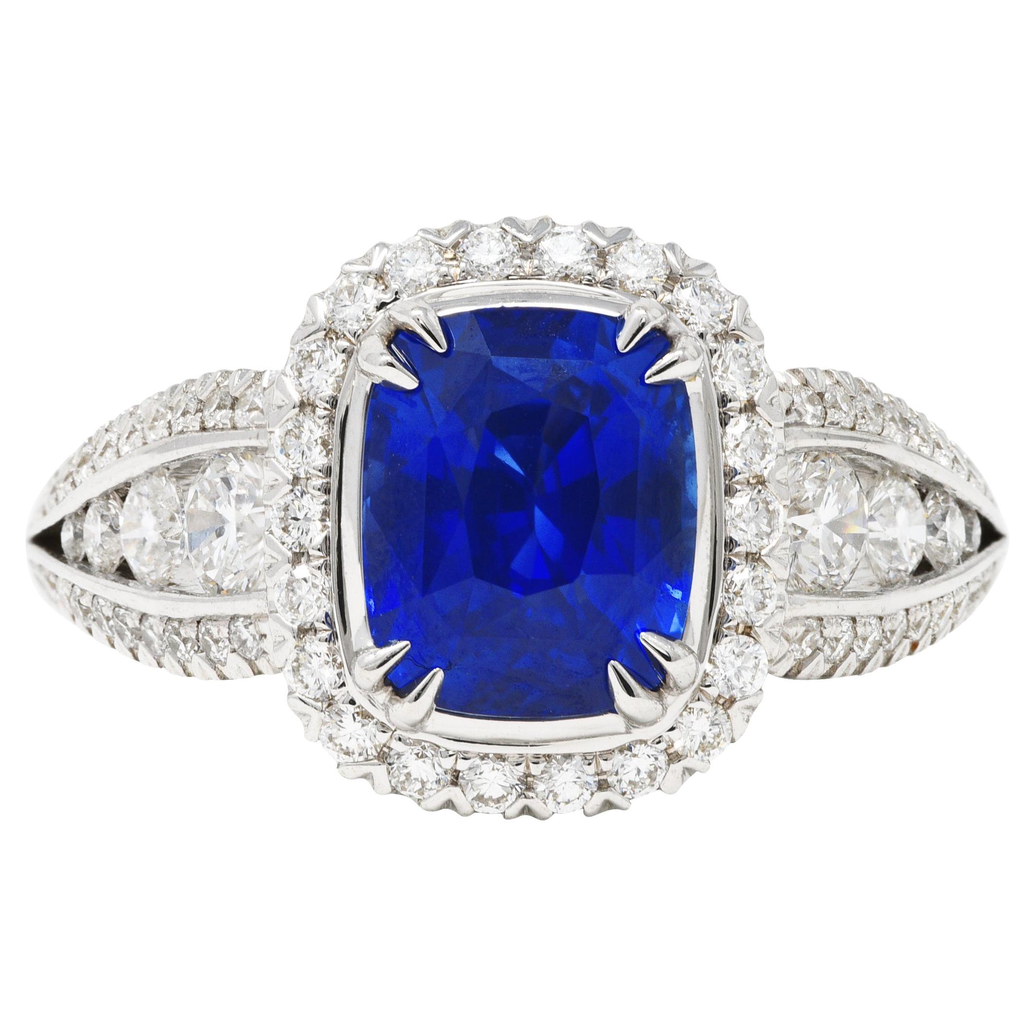3.60 Carats Blue Sapphire Diamond 18 Karat White Gold Cluster Gemstone Ring
