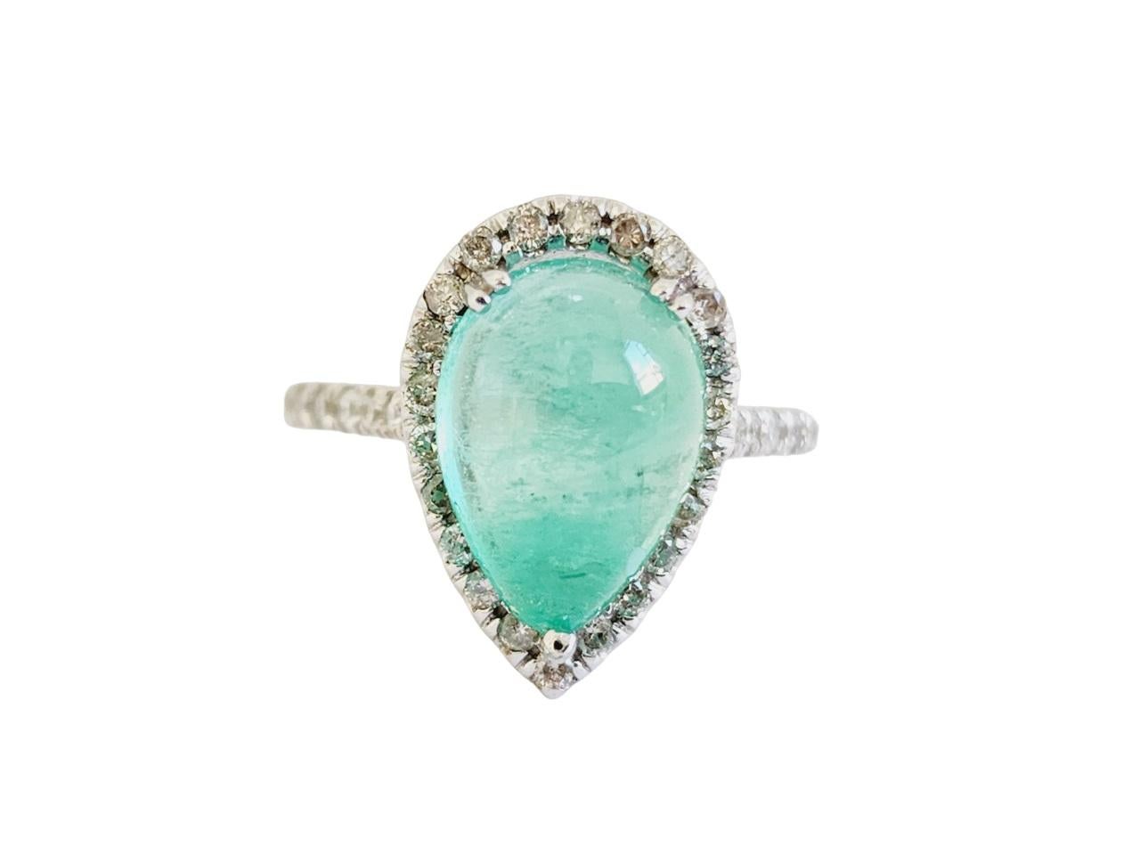 Art Deco 3.60 Carats Colombian Emerald Pear Shape Diamond Ring White Gold 14 Karat
