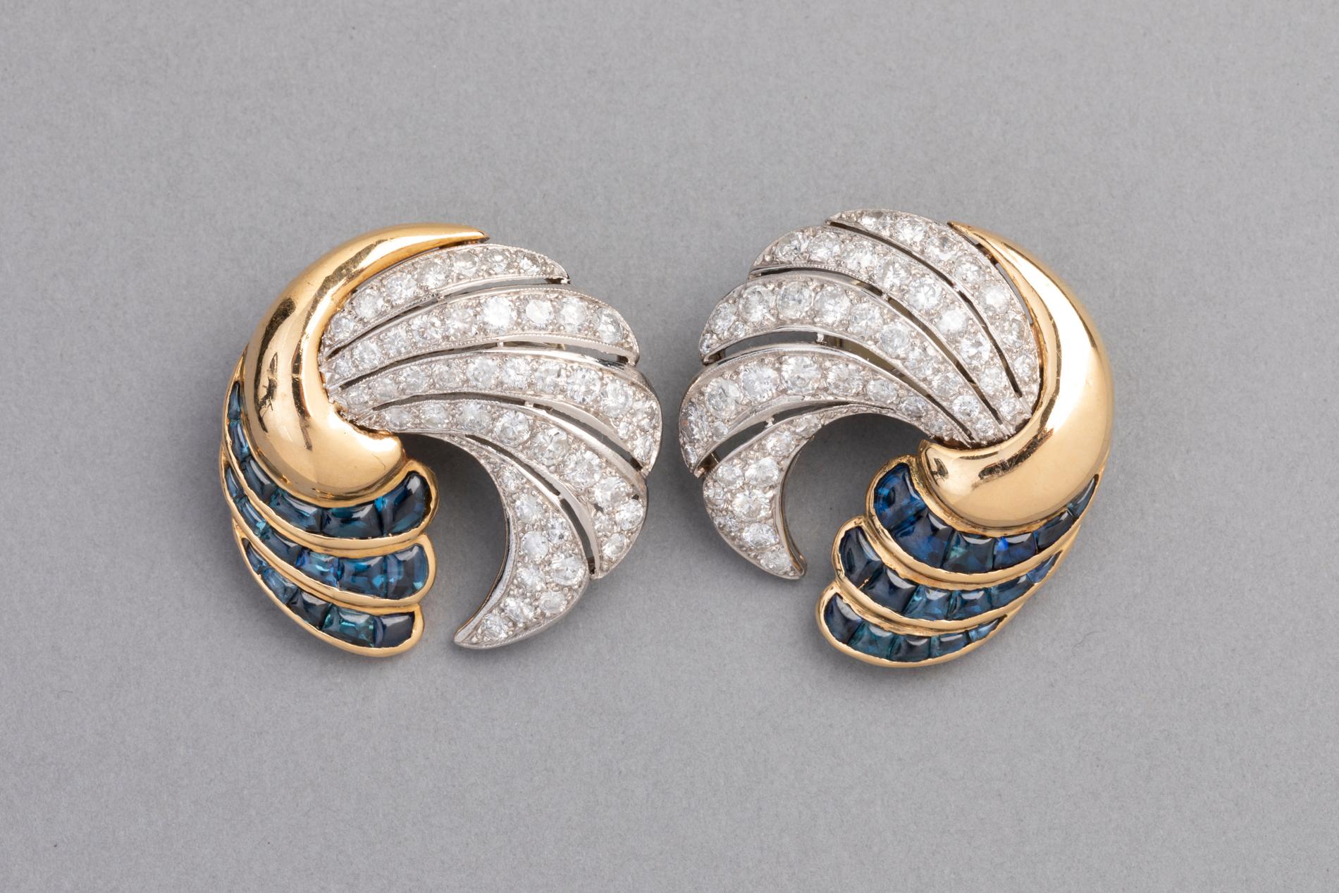 3.60 Carat Diamonds and Sapphires French Art Deco Cocktail Earrings In Good Condition In Saint-Ouen, FR