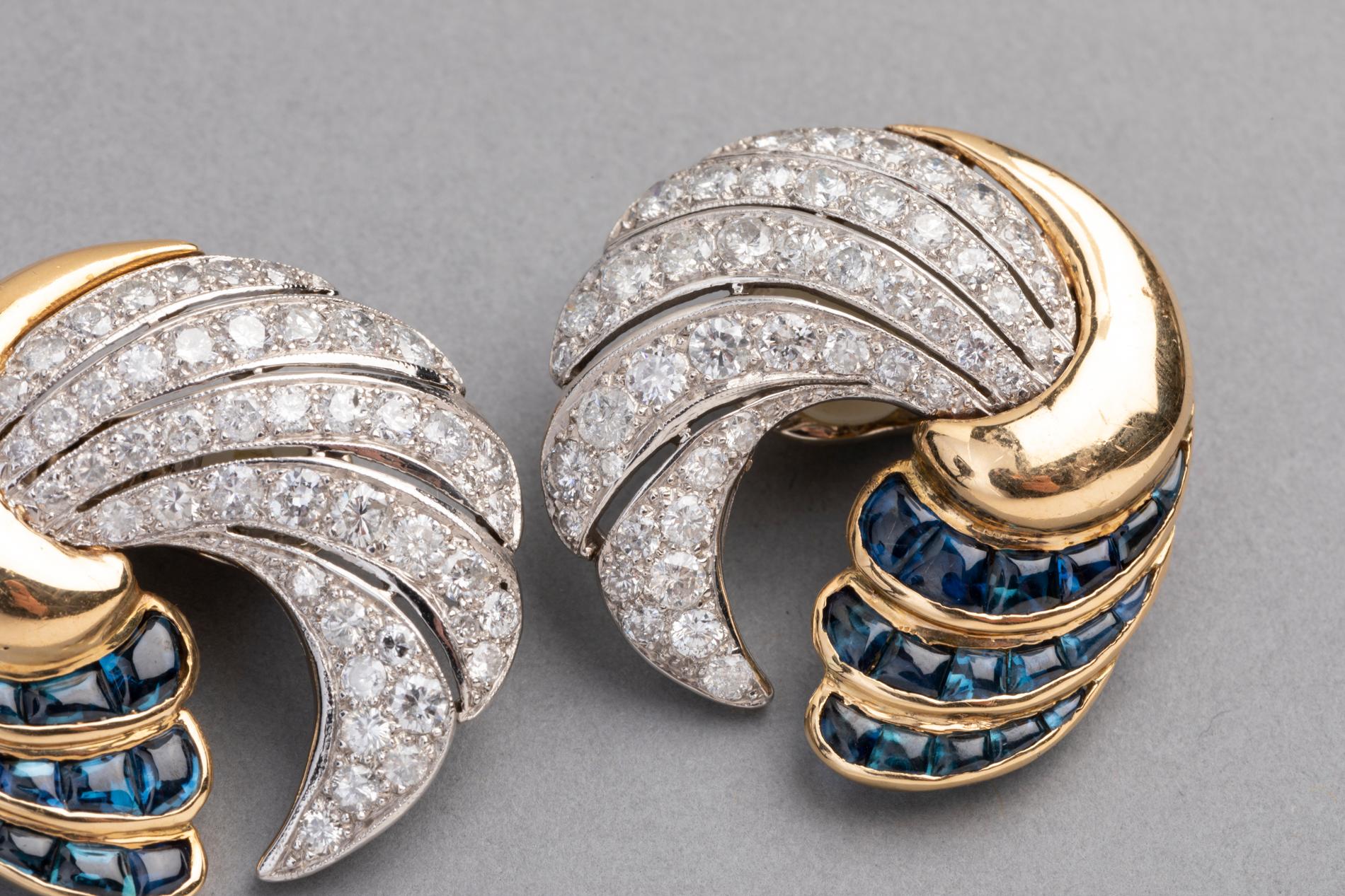 3.60 Carat Diamonds and Sapphires French Art Deco Cocktail Earrings 2