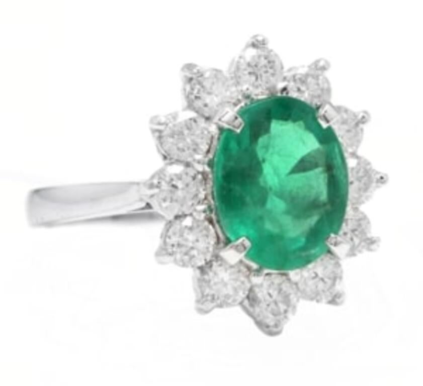 3.60 Carats Exquisite Emerald and Diamond 14K Solid White Gold Ring

Total Emerald Weight is: Approx. 2.50 Carats

Emerald Measures: Approx. 9.60 x 7.60mm

Natural Round Diamonds Weight: Approx. 1.10 Carats (color G-H / Clarity SI1-SI2)

Ring size: