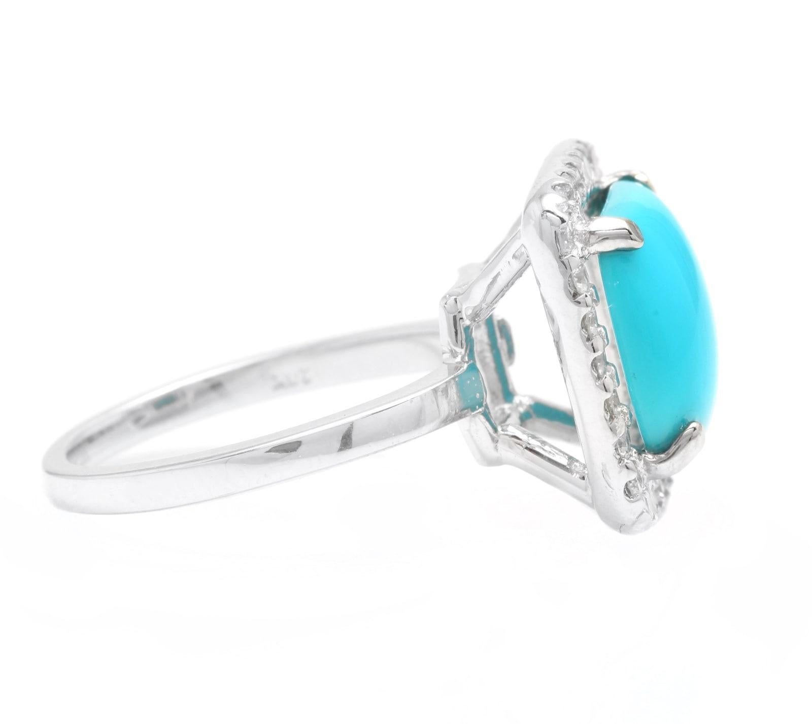 3.60 Carats Impressive Natural Turquoise and Diamond 18K White Gold Ring

Suggested Replacement Value $4,500.00

Total Natural Oval Turquoise Weight is: Approx. 3.20 Carats 

Turquoise Measures: 10.00 x 10.00mm 

Natural Round Diamonds Weight: