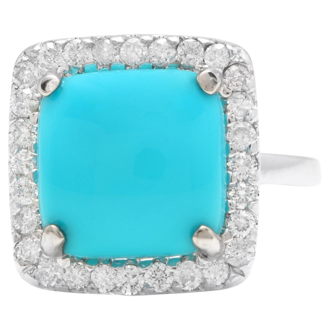 3.60 Carats Impressive Natural Turquoise and Diamond 18K White Gold Ring For Sale