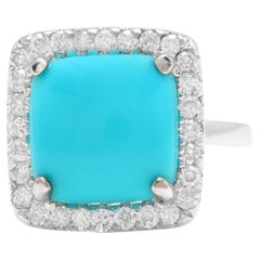 3.60 Carats Impressive Natural Turquoise and Diamond 18K White Gold Ring