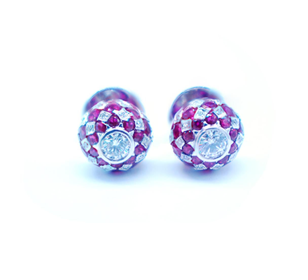 Ruby and Diamond Round Pave Earrings set in 18 Karat White Gold with a total weight of 3.60 carats.

These gorgeous diamonds earrings feature a 5 mm center diamond that are set on a round bubble setting. 
Each center diamond is approximately .50