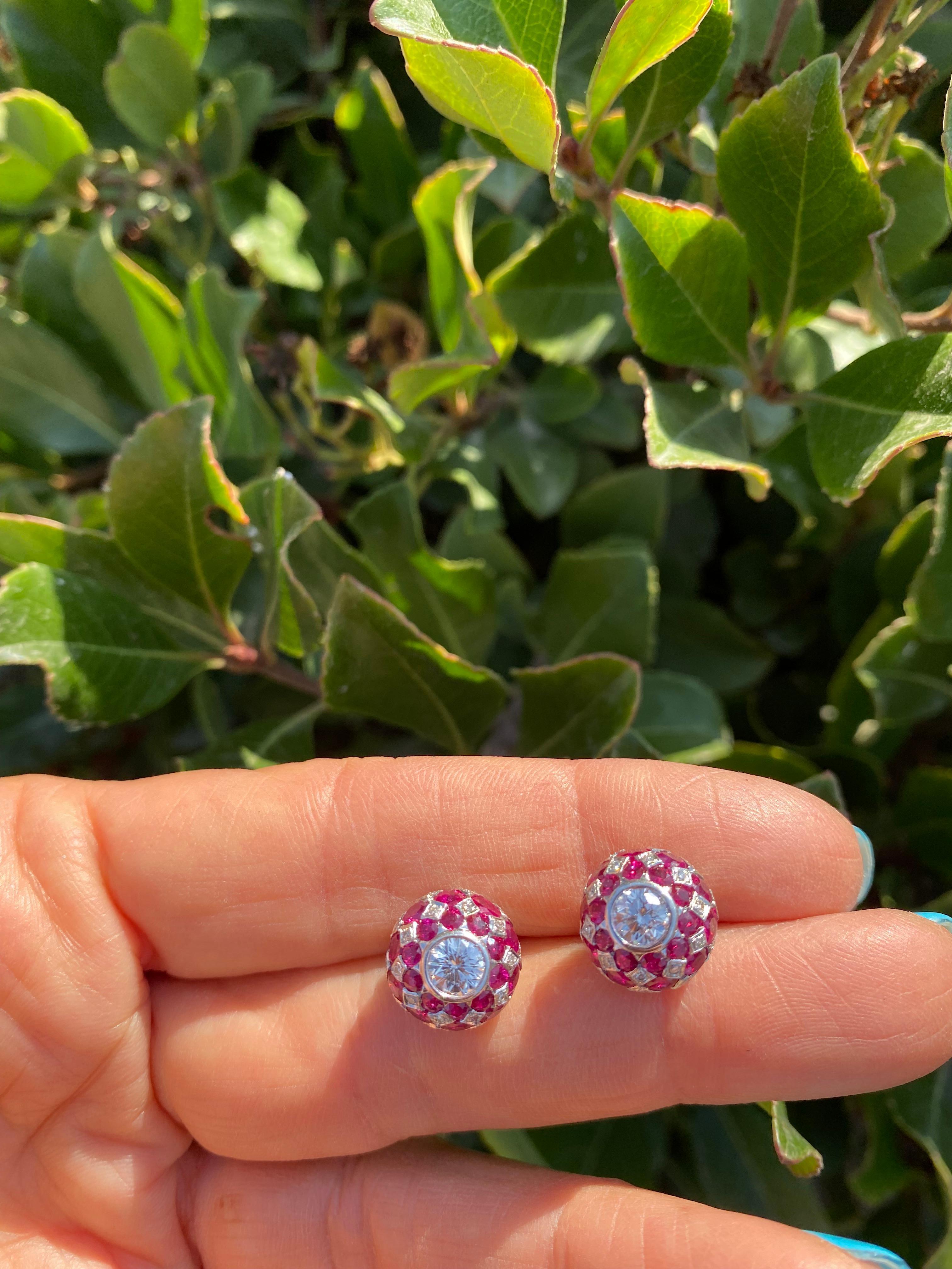 Round Cut 3.60 Carats Ruby and Diamond Pave Stud Earrings 18 Karat