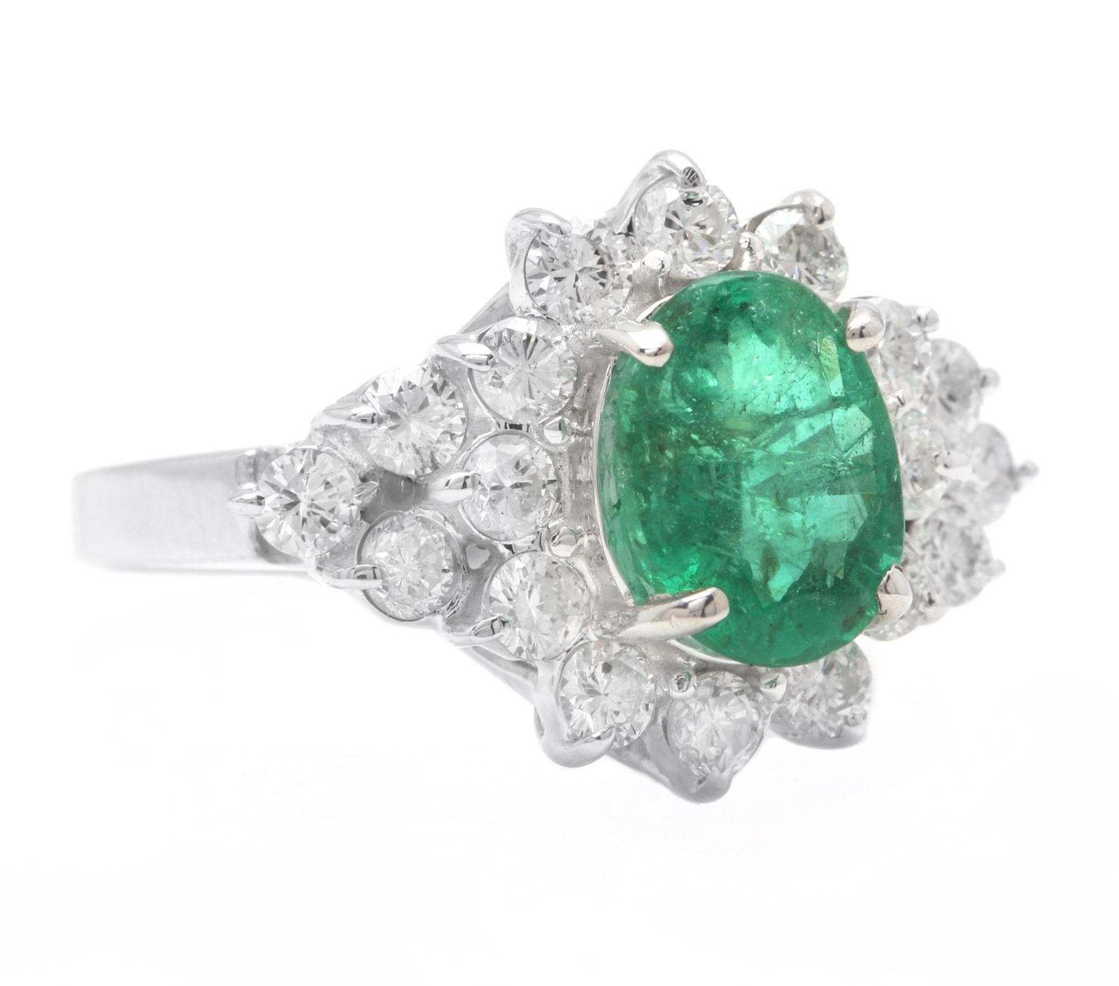 3.60 Carats Natural Emerald and Diamond 14K Solid White Gold Ring

Suggested Replacement Value: $5,500.00

Total Natural Green Emerald Weight is: Approx. 2.50 Carats (transparent)

Emerald Measures: 9 x 7mm

Natural Round Diamonds Weight: Approx.