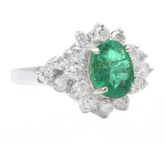 3.60 Carats Natural Emerald and Diamond 14K Solid White Gold Ring